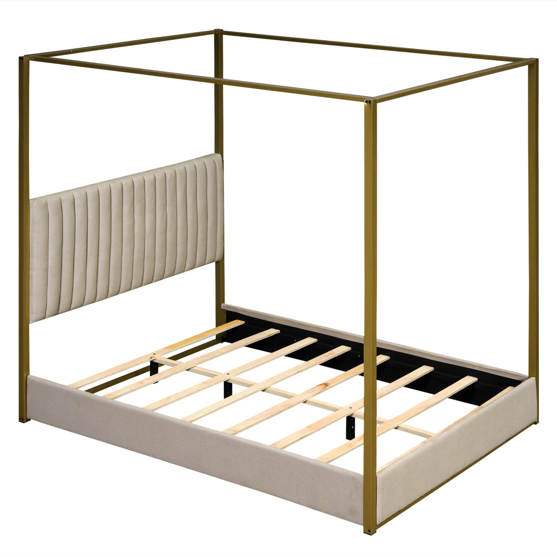 Queen Size Upholstery Canopy Platform Bed With Headboard And Metal Frame, Beige Box Spring Not Required Queen Beige Wood Linen Upholstered