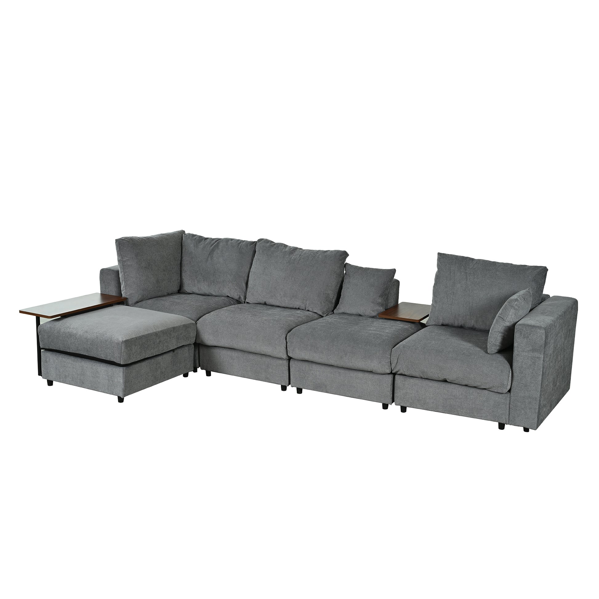 Modern Large L Shape Sectional Sofa For Living Room, 2 Pillows And 2 End Tables Dark Gray Polyester Primary Living Space Pillow Back American Design Polyester 5 Seat