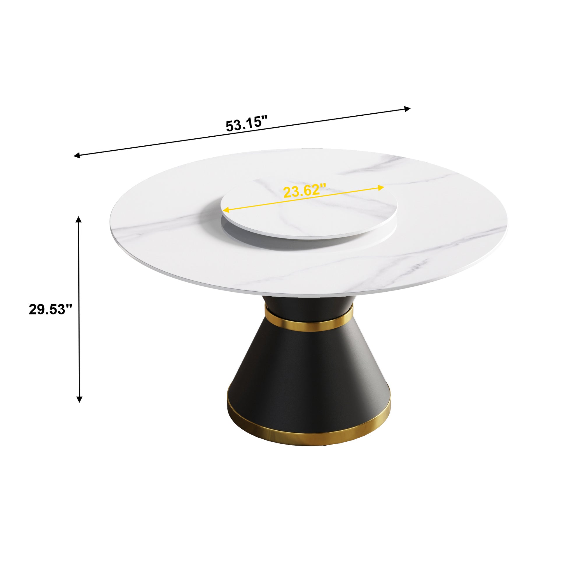 53"Modern Artificial Stone Round Black Carbon Steel Base Dining Table Can Accommodate 6 People 23.62"White Artificial Stone Turntable White Black Metal Sintered Stone