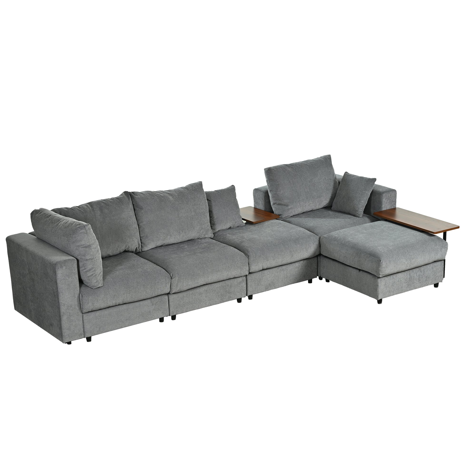 Modern Large L Shape Sectional Sofa For Living Room, 2 Pillows And 2 End Tables Dark Gray Polyester Primary Living Space Pillow Back American Design Polyester 5 Seat