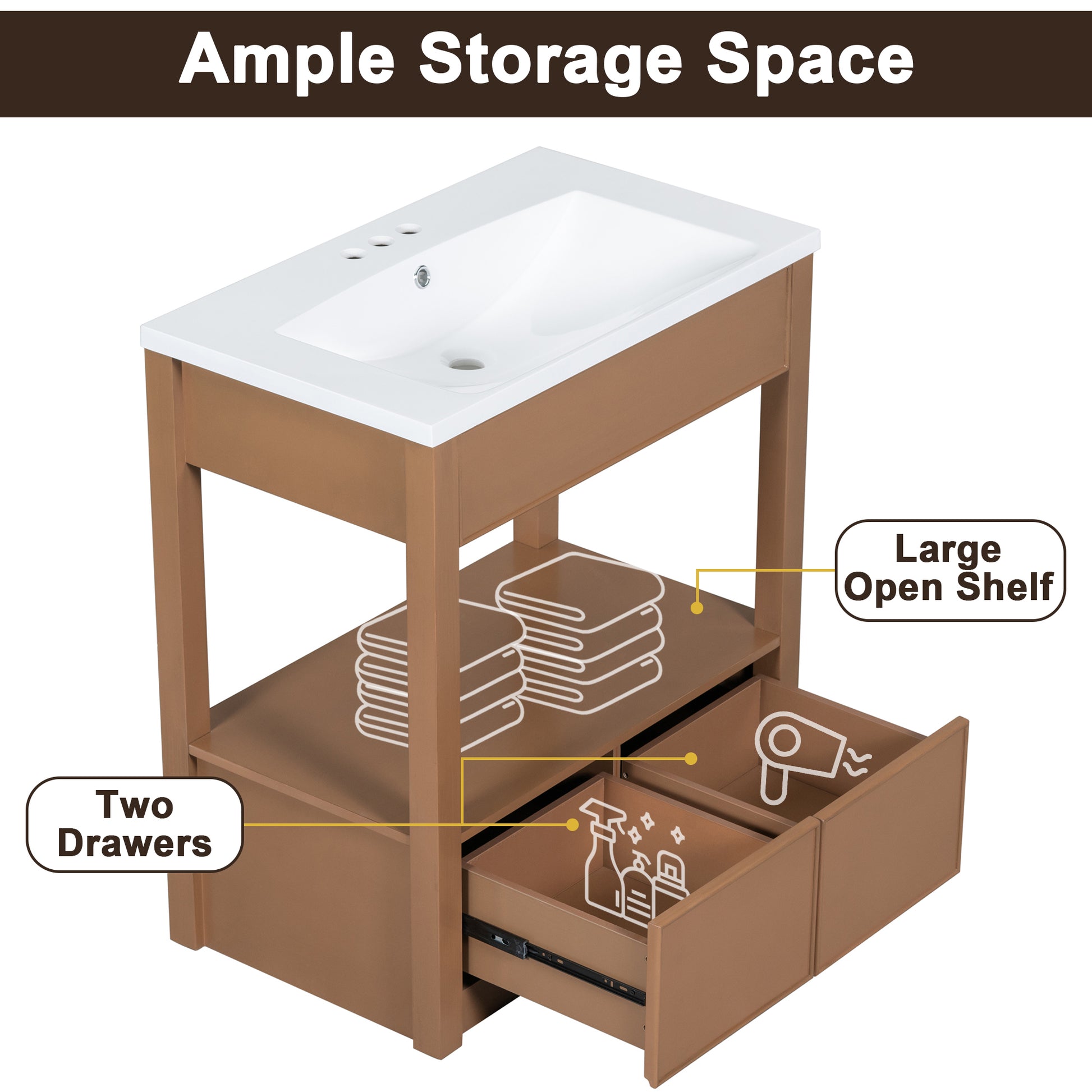 30" Bathroom Vanity Without Sink Top, Cabinet Base Only, Open Storage Shelf And Two Drawers, Brown Brown Solid Wood Mdf