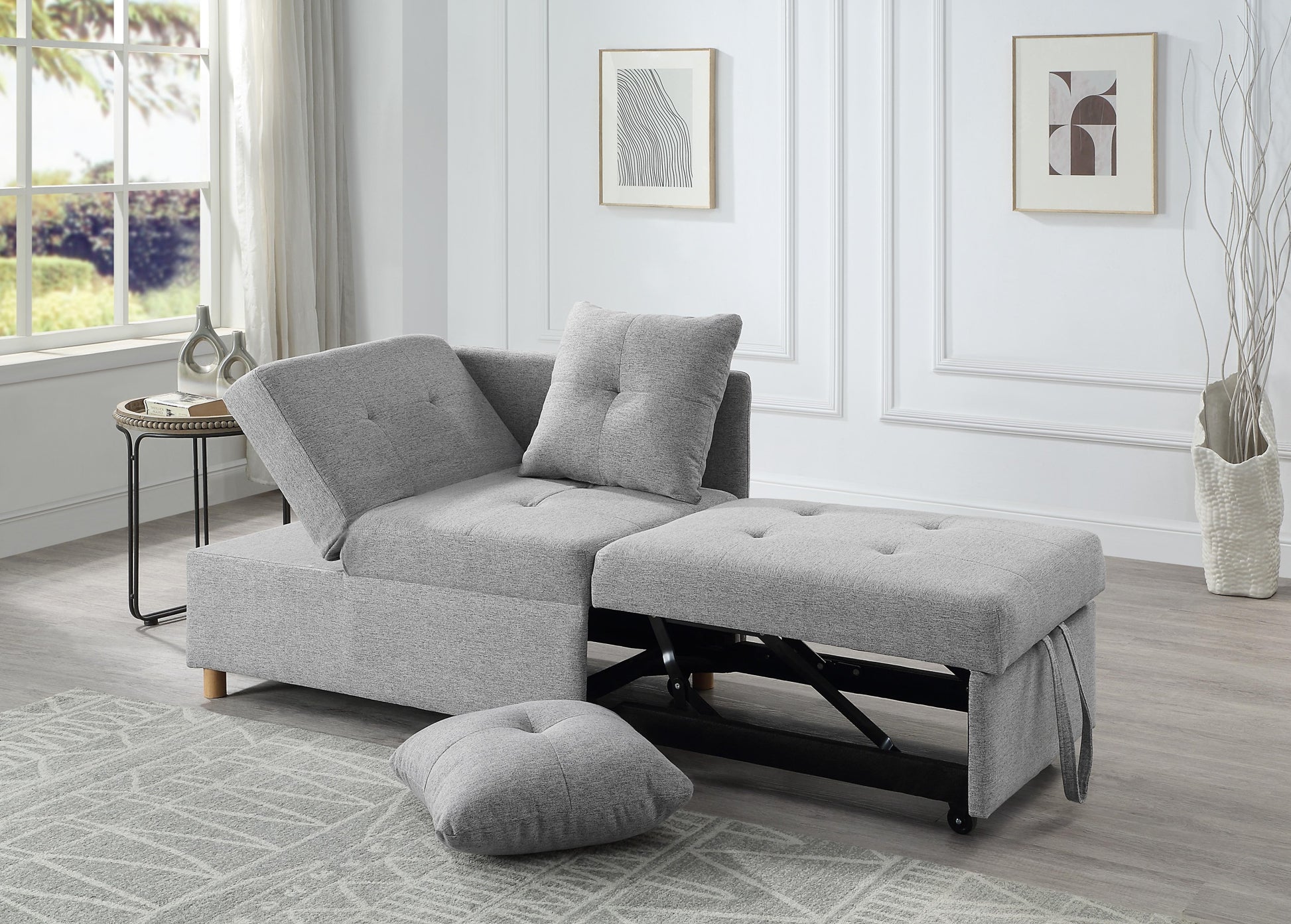 4 In 1 Convertible Sofas & Couches, Single Extendable Sofa With 6 Position Adjustable Back, Sofa Bed With 2 Pillows, Light Gray Light Gray Linen Armless Wood Fabric 1 Seat