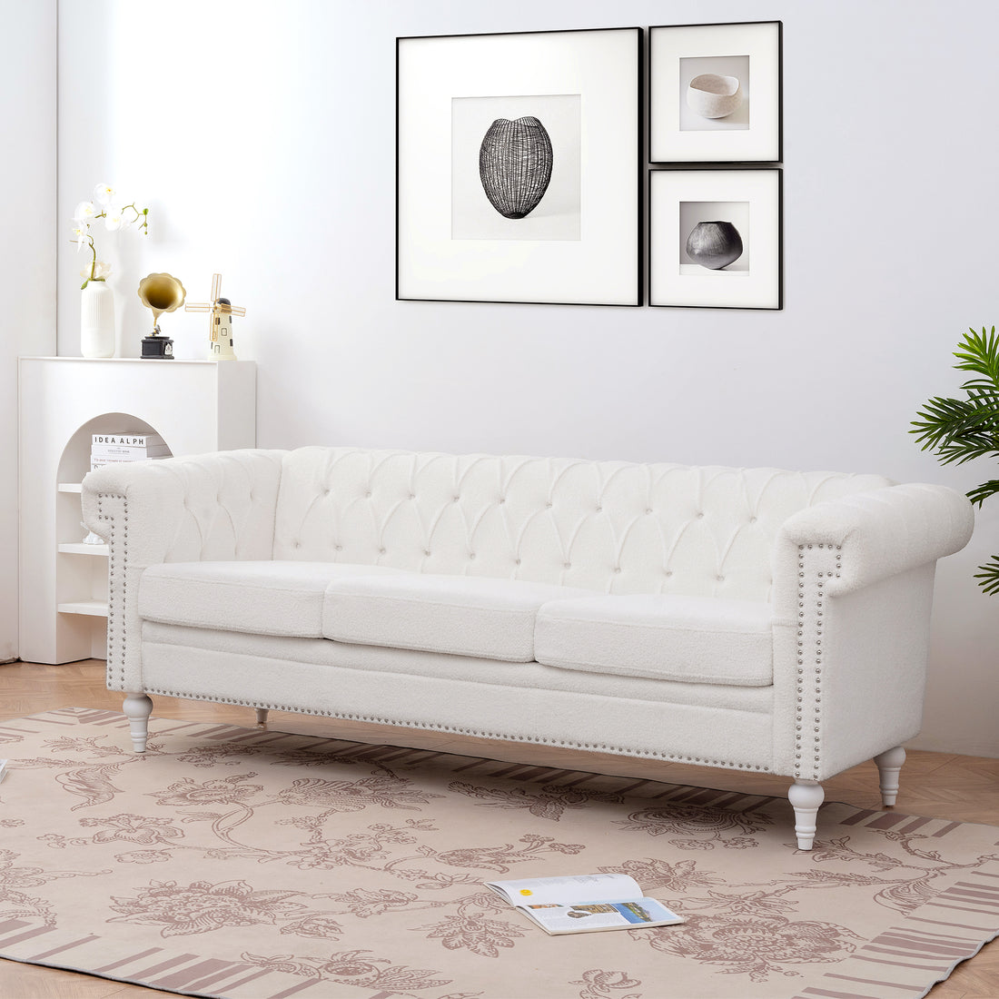 83.66 Inch Width Traditional Square Arm Removable Cushion 3 Seater Sofa White Foam Fabric