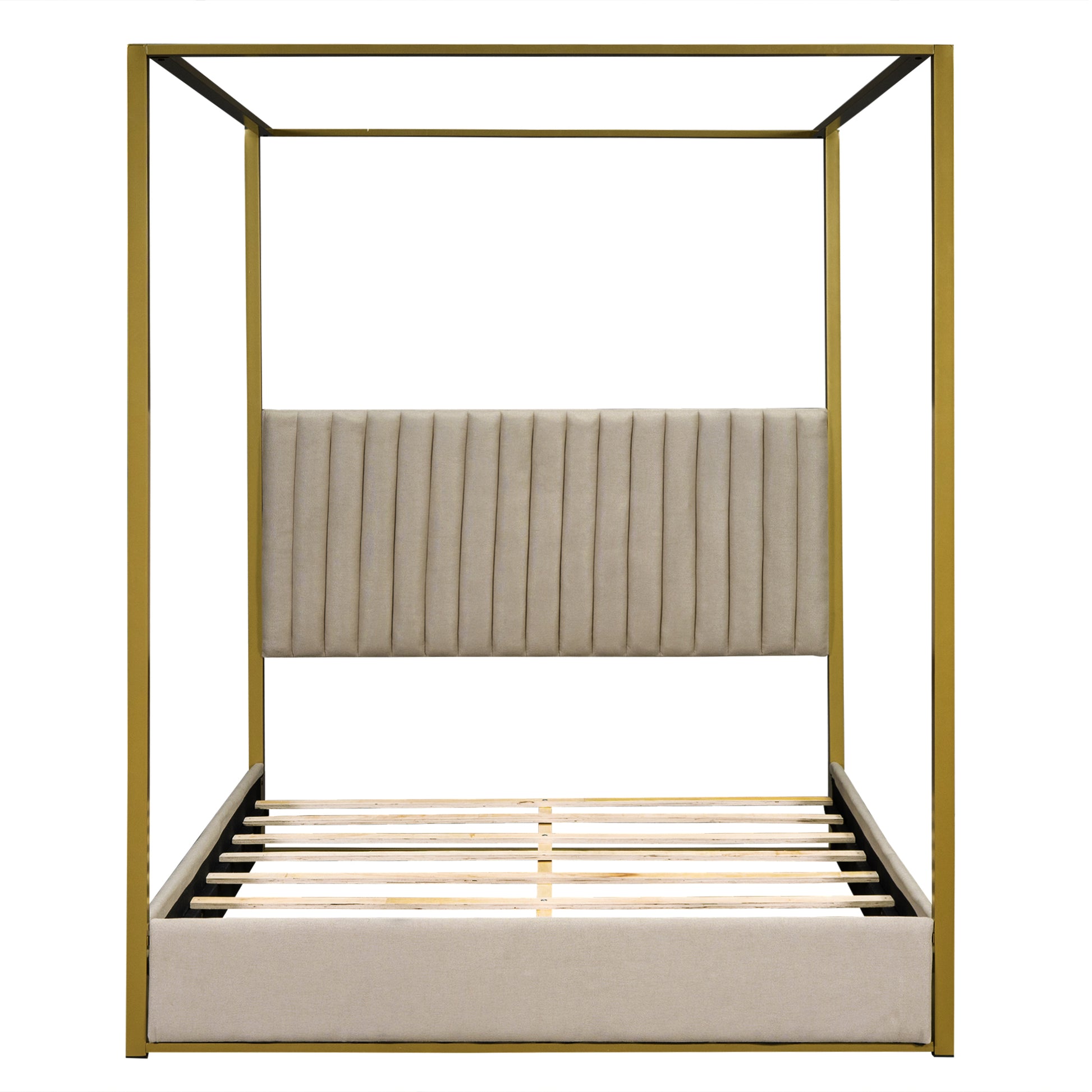 Queen Size Upholstery Canopy Platform Bed With Headboard And Metal Frame, Beige Box Spring Not Required Queen Beige Wood Linen Upholstered