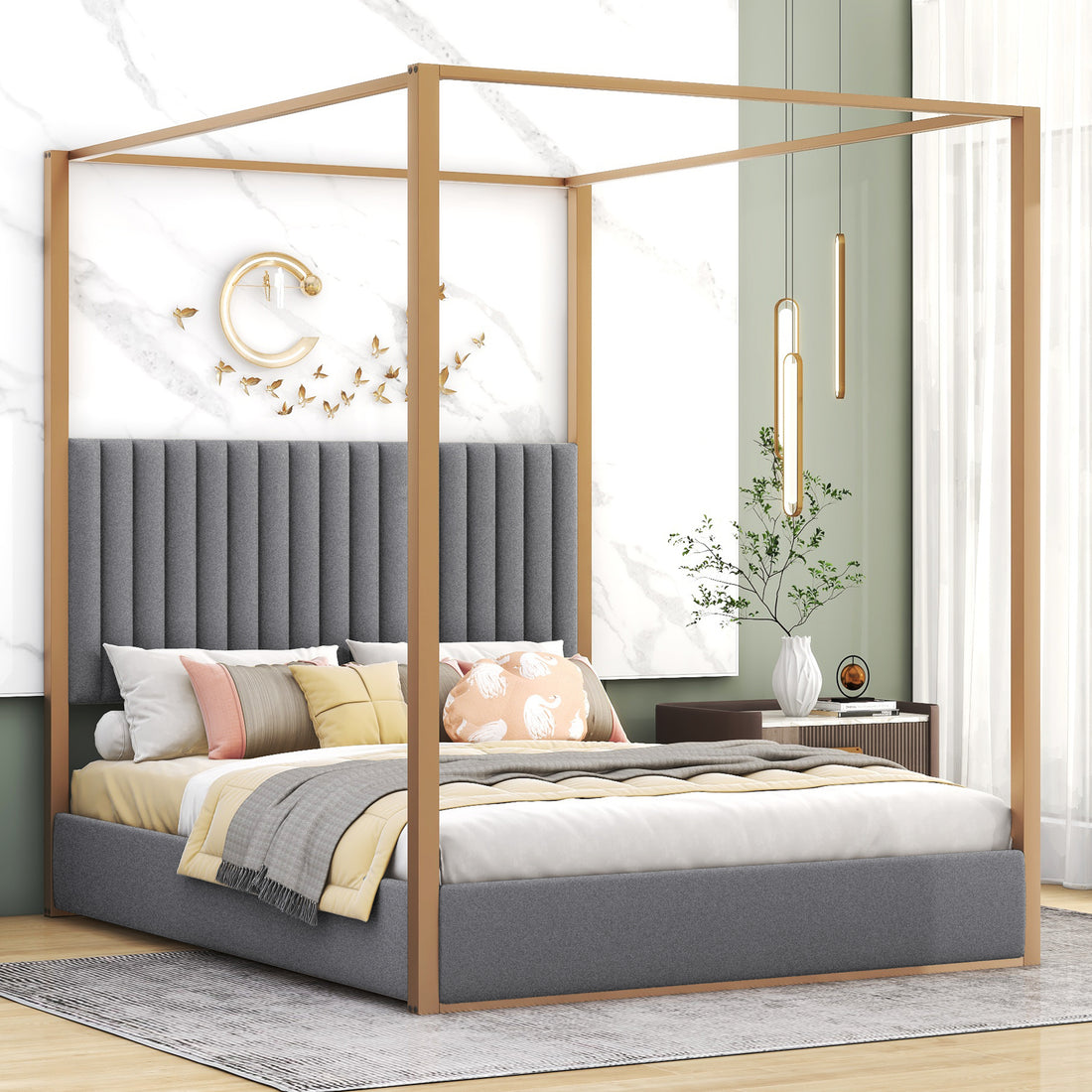 Queen Size Upholstery Canopy Platform Bed With Headboard And Metal Frame, Gray Box Spring Not Required Queen Gray Wood Linen Upholstered