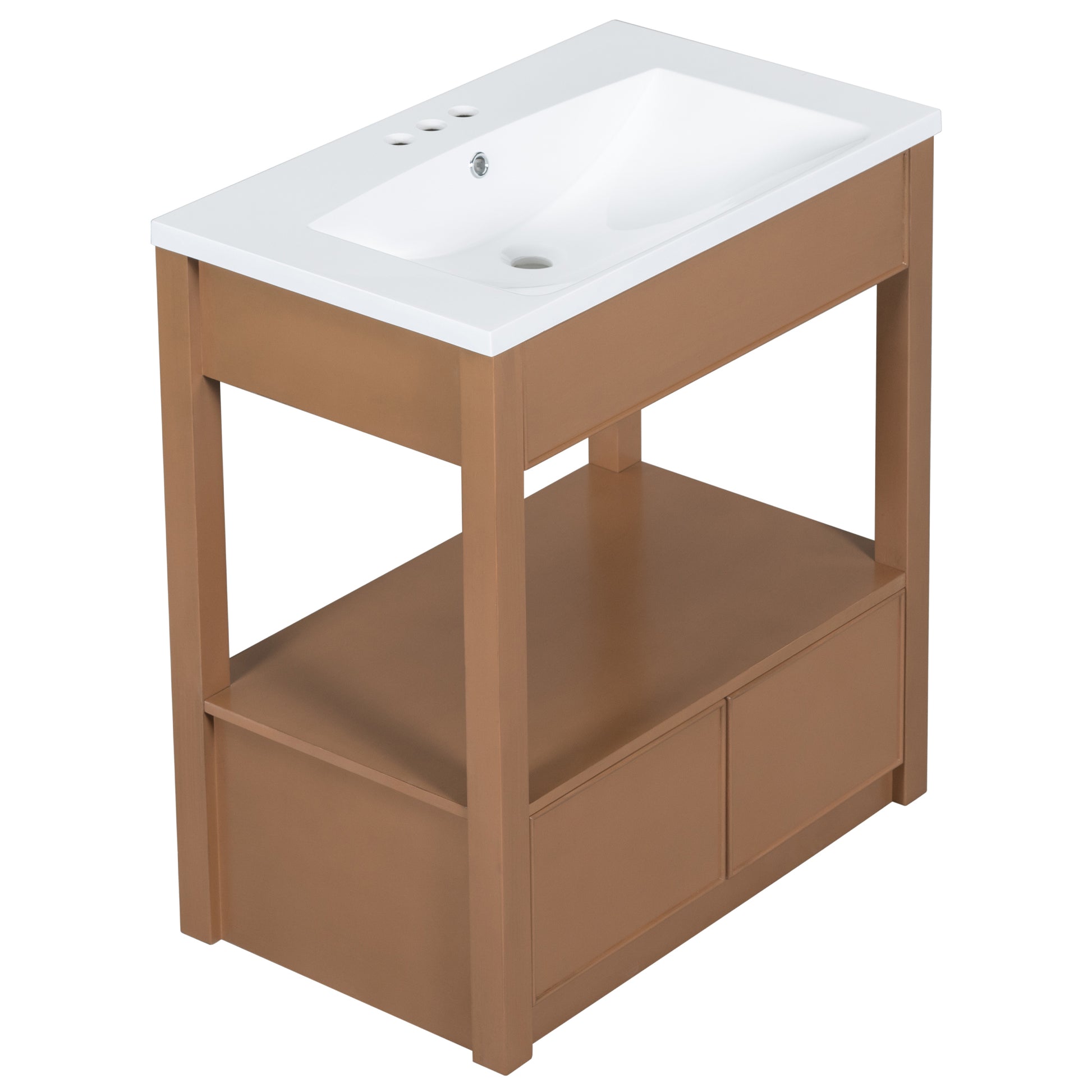 30" Bathroom Vanity With Sink Top, Bathroom Cabinet With Open Storage Shelf And Two Drawers, Brown Brown Solid Wood Mdf