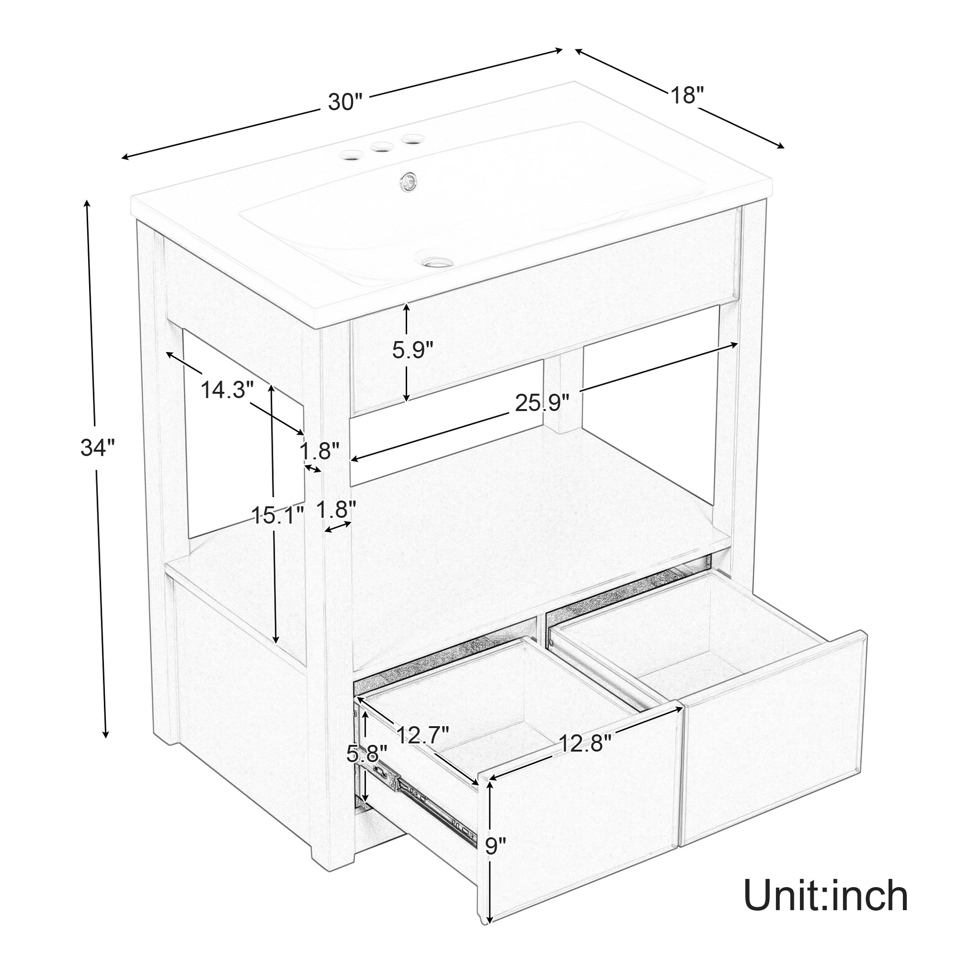 30" Bathroom Vanity With Sink Top, Bathroom Cabinet With Open Storage Shelf And Two Drawers, Brown Brown Solid Wood Mdf