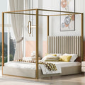 Queen Size Upholstery Canopy Platform Bed With Headboard And Metal Frame, Beige Box Spring Not Required Queen Beige Wood Linen Upholstered