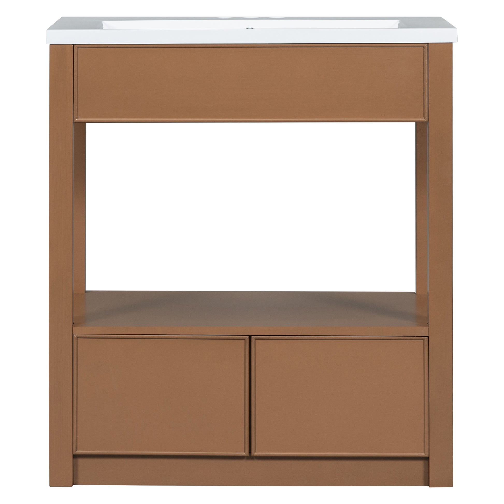 30" Bathroom Vanity With Sink Top, Bathroom Cabinet With Open Storage Shelf And Two Drawers, Brown Brown Solid Wood Mdf