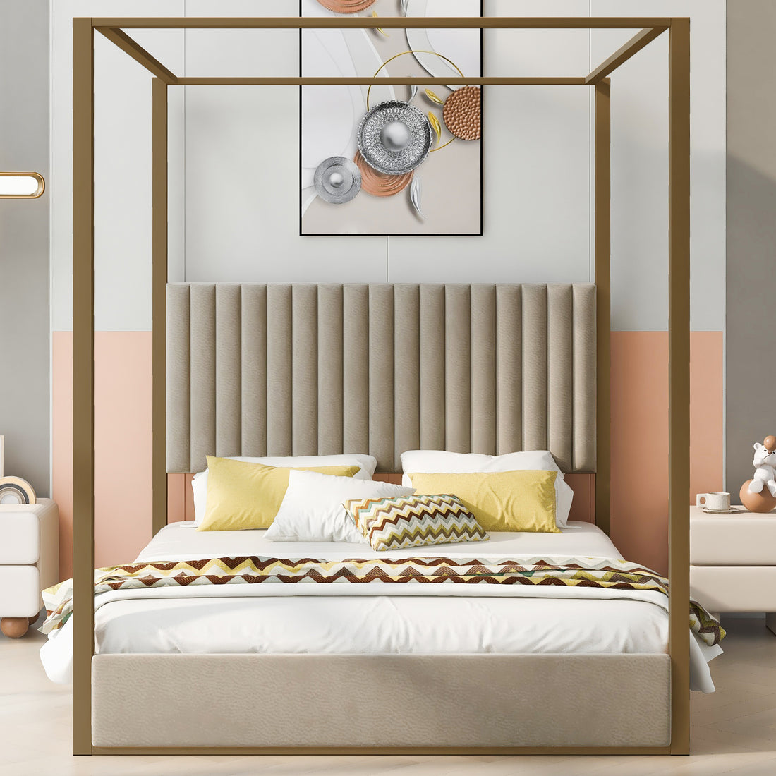 Queen Size Upholstery Canopy Platform Bed With Headboard And Metal Frame, Beige Box Spring Not Required Queen Beige Wood Linen Upholstered