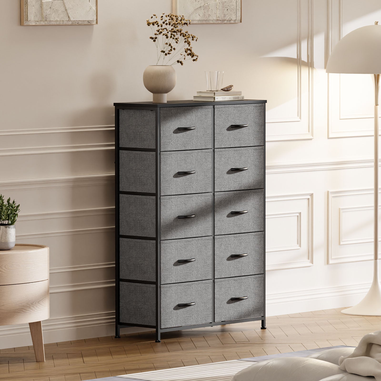 Sweetcrispy Dresser For Bedroom Storage Drawers, Fabric Storage Tower With 11 Drawers Sturdy Metal Frame Gray Metal