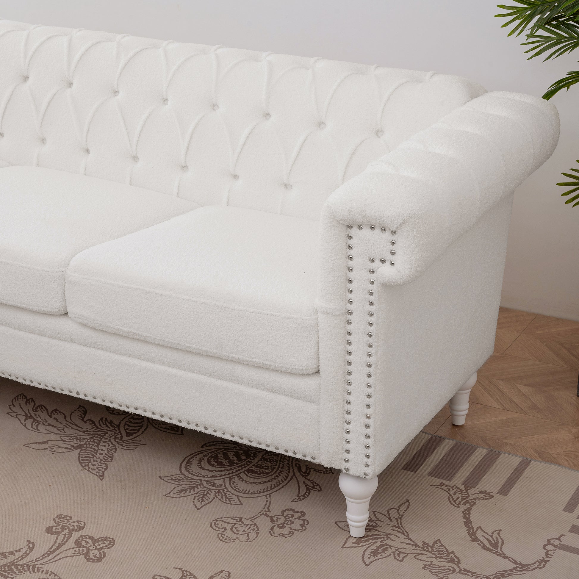 83.66 Inch Width Traditional Square Arm Removable Cushion 3 Seater Sofa White Foam Fabric