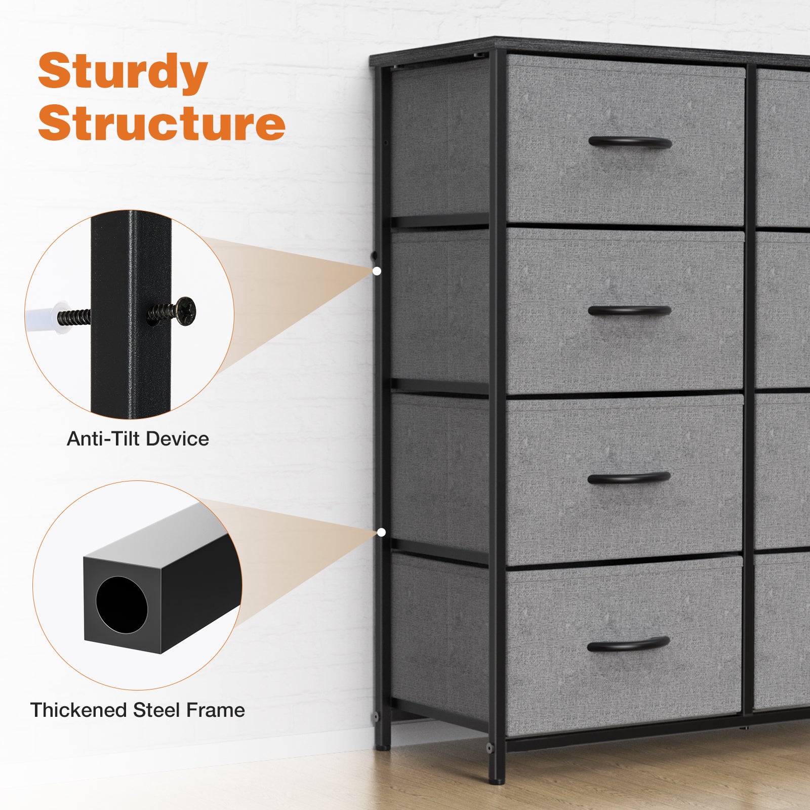 Sweetcrispy Dresser For Bedroom With 8 Drawers Tall Dresser & Chest Of Drawers Fabric Dresser With Wood Top And Sturdy Steel Frame Gray Metal