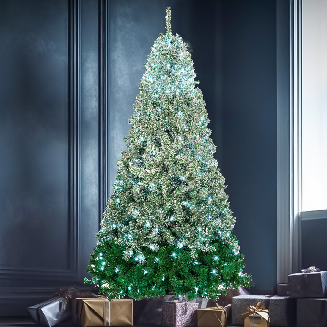 7.6 Ft Classic Pine Tree Christmas Tree, Gradient Tree Design, Artificial Pvc Tips And Sturdy Iron Frame, 300 Cool White Led Lights Green Pvc