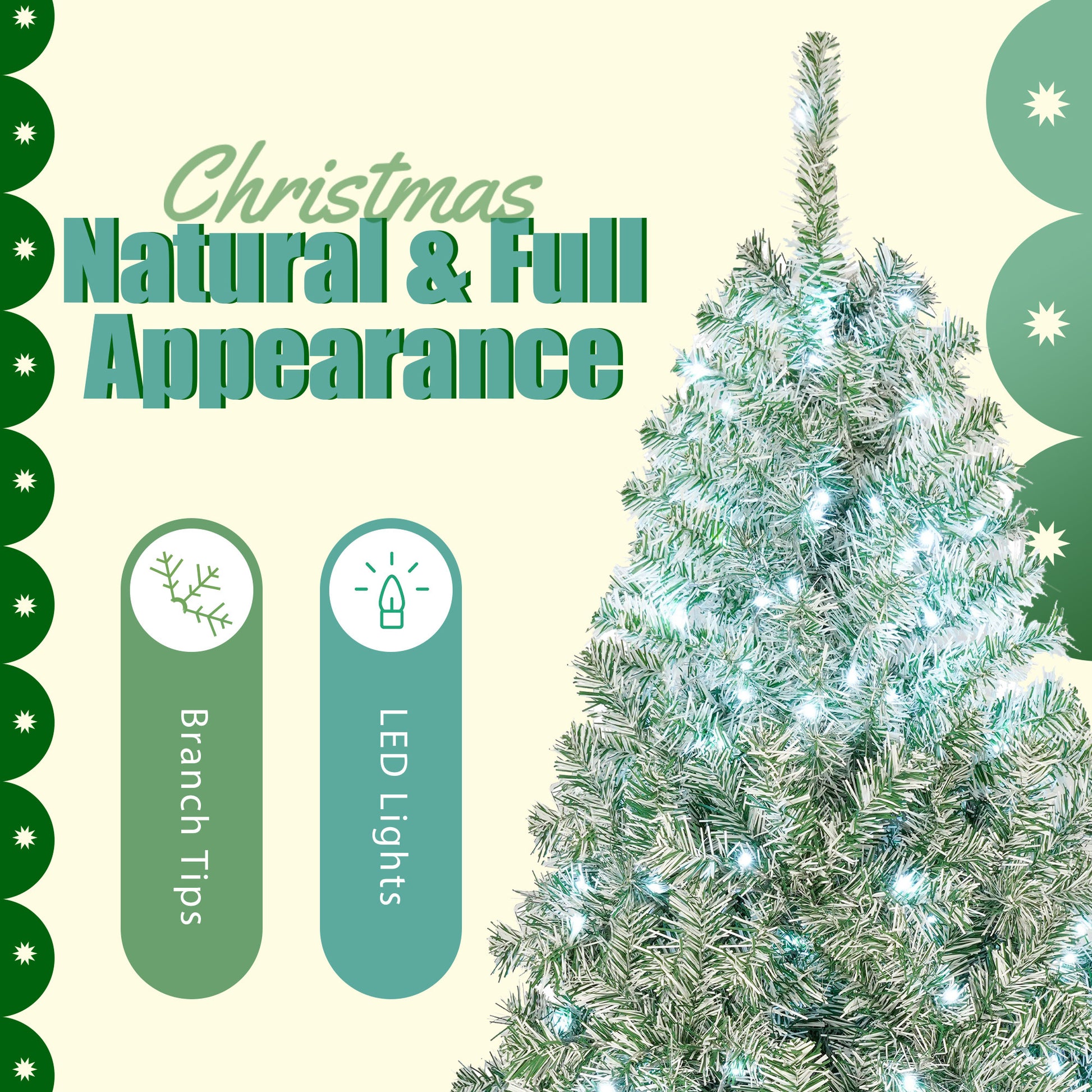 7.6 Ft Classic Pine Tree Christmas Tree, Gradient Tree Design, Artificial Pvc Tips And Sturdy Iron Frame, 300 Cool White Led Lights Green Pvc