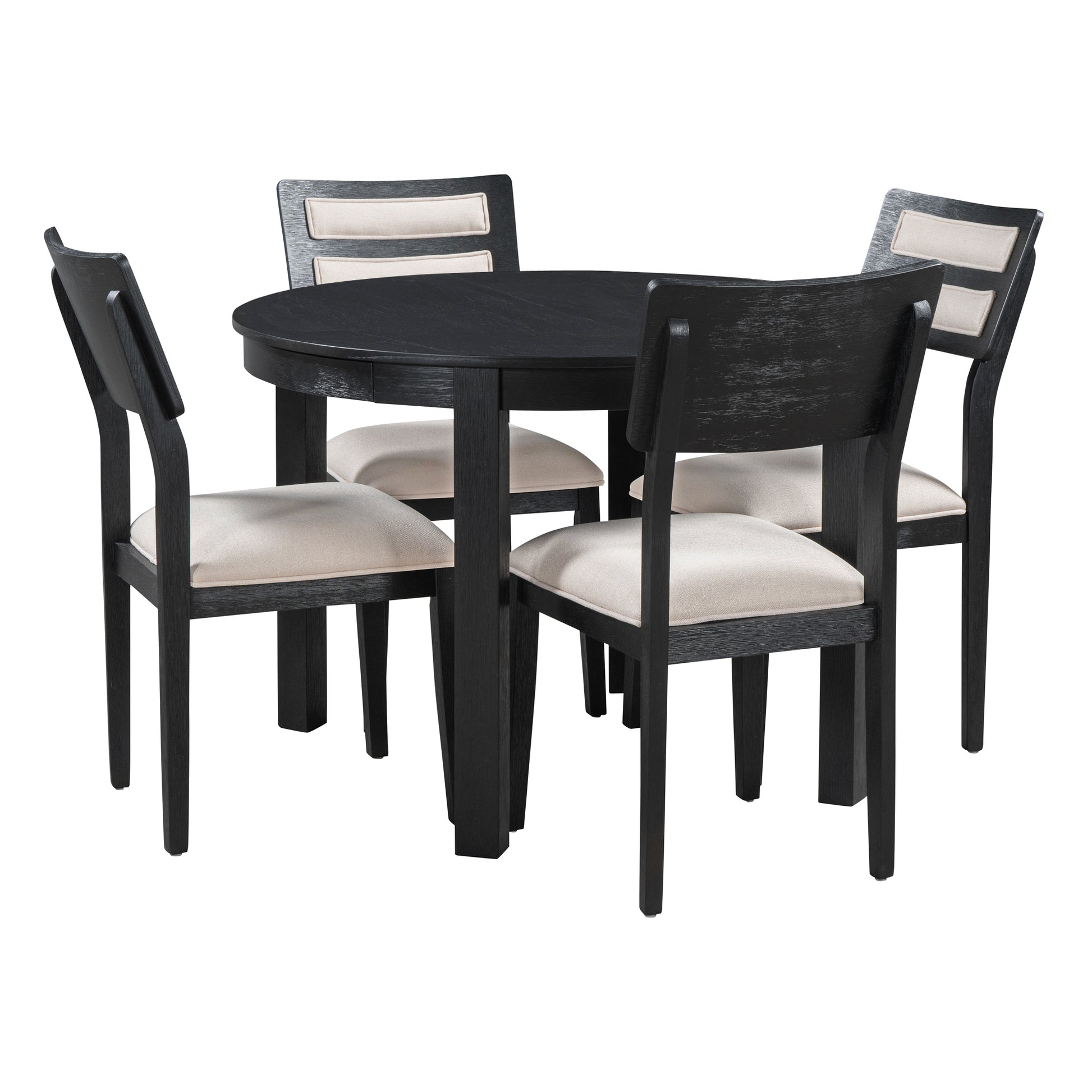 5 Piece Multifunctional Dining Table Set, Farmhouse Dining Set With Extendable Round Table,Two Small Drawers And 4 Upholstered Dining Chairs For Kitchen And Dining Room Black Black Solid Wood