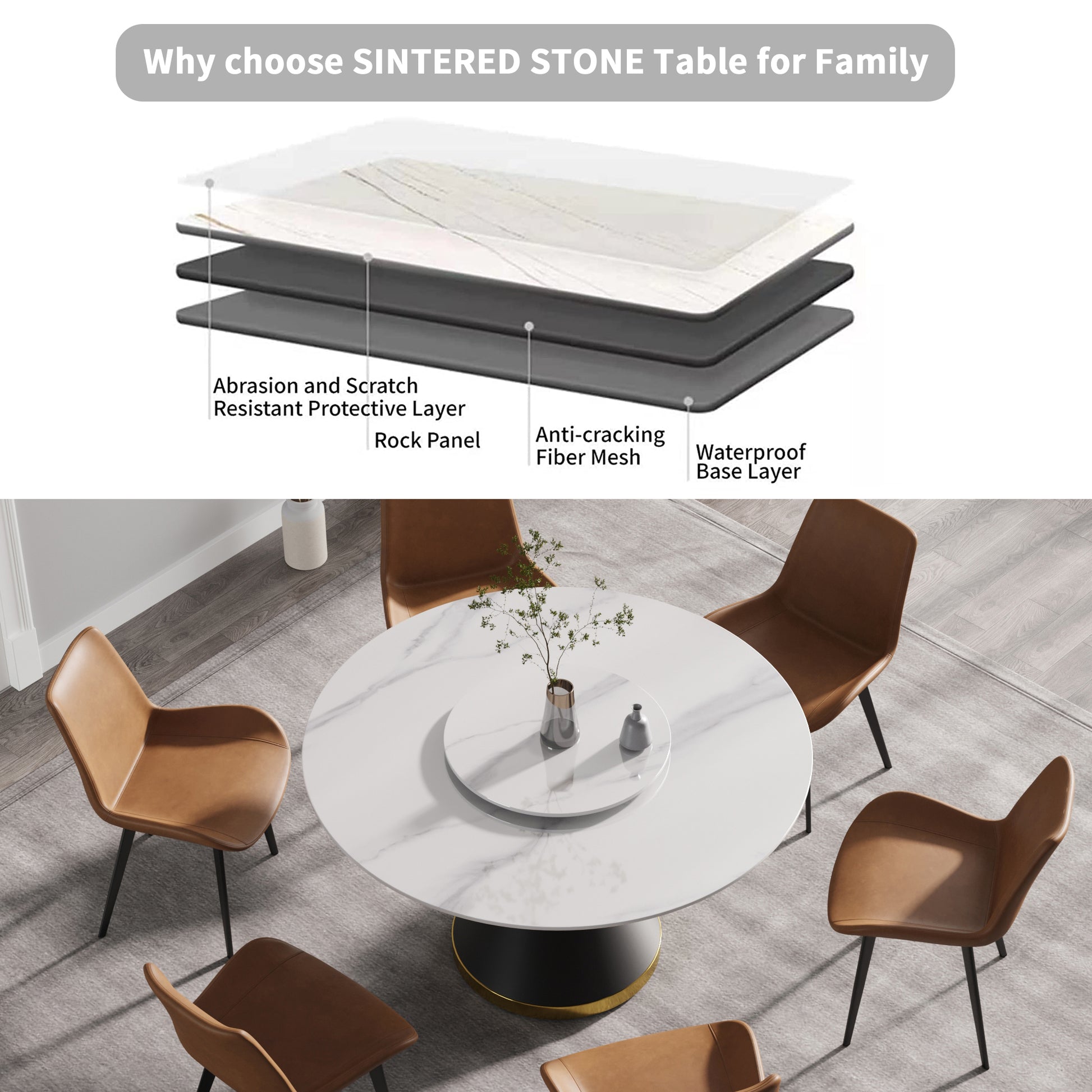 53"Modern Artificial Stone Round Black Carbon Steel Base Dining Table Can Accommodate 6 People 23.62"White Artificial Stone Turntable White Black Metal Sintered Stone