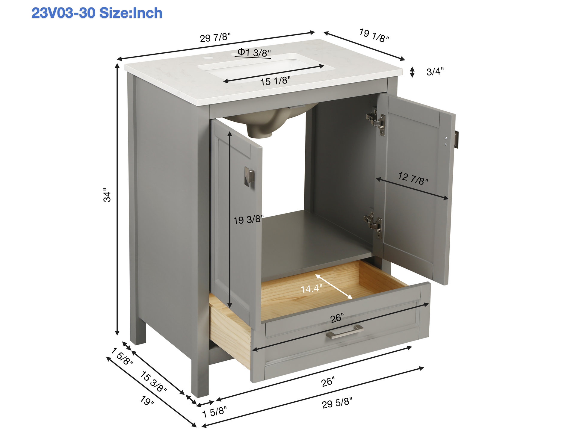 30 Inch Freestanding Bathroom Vanity With Sink, Carrara Engineered Marble Vanity Top With Undermounted Rectangular Ceramic Sink, Large Storage Soft Close Door, Grey 24V03 30Gr Grey Wood Solid Wood