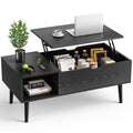 Sweetcrispy Lift Top Coffee Storage Wood Tables With Hidden Compartment Small Dining Desk For Home Living Room Office Black Metal & Wood