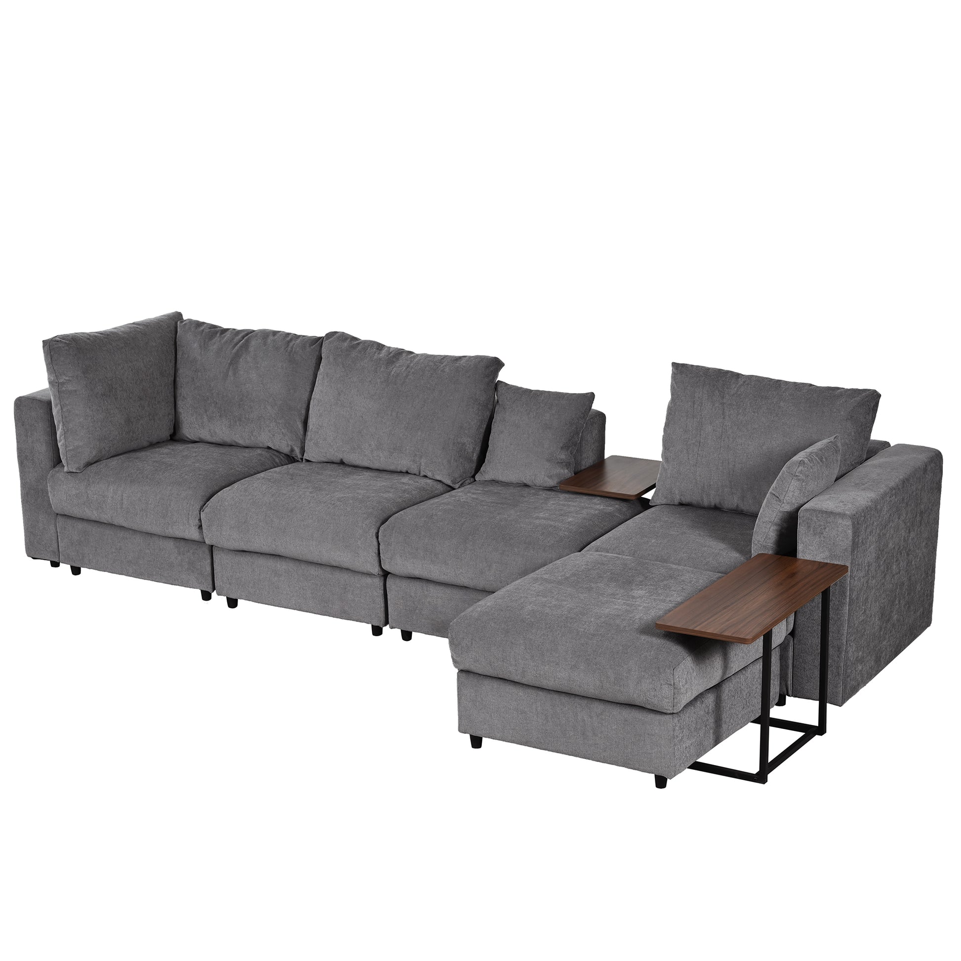 Modern Large L Shape Sectional Sofa For Living Room, 2 Pillows And 2 End Tables Dark Gray Polyester Primary Living Space Pillow Back American Design Polyester 5 Seat