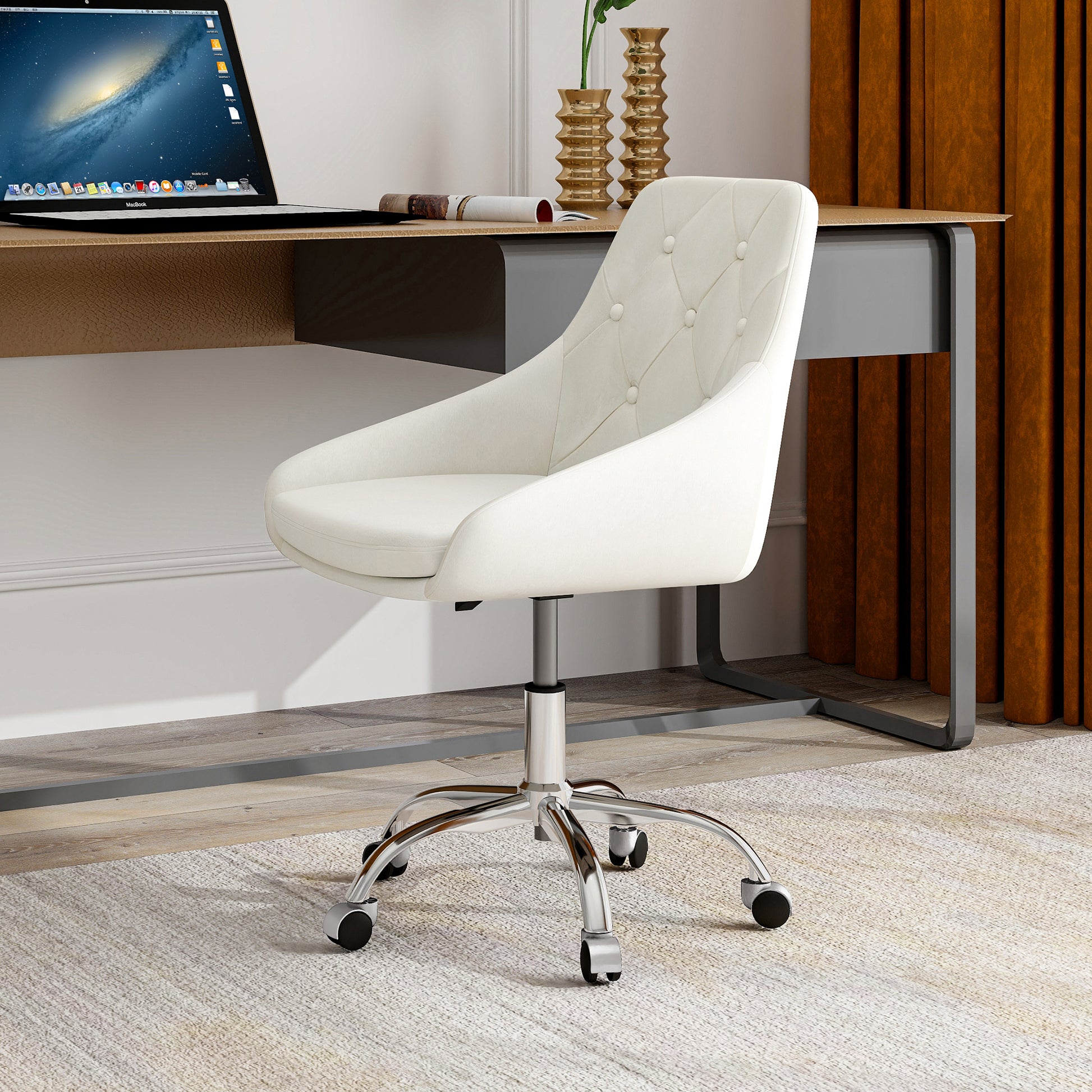 Modern Velvet Fabric With Chrome Legs Living Room Furniture Dining Chair, Soft And Comfortable, Lift Adjustment, Free Movement Convenient, Space Saving. Set Of 1 Beige Foam Metal