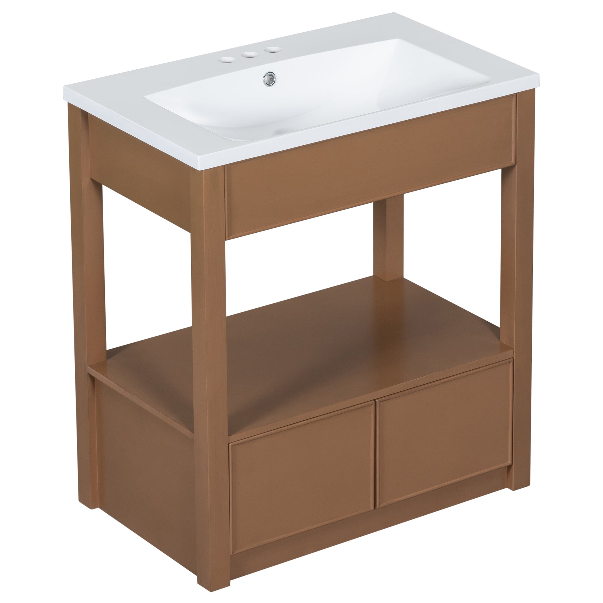 30" Bathroom Vanity With Sink Top, Bathroom Cabinet With Open Storage Shelf And Two Drawers, Brown Brown Solid Wood Mdf