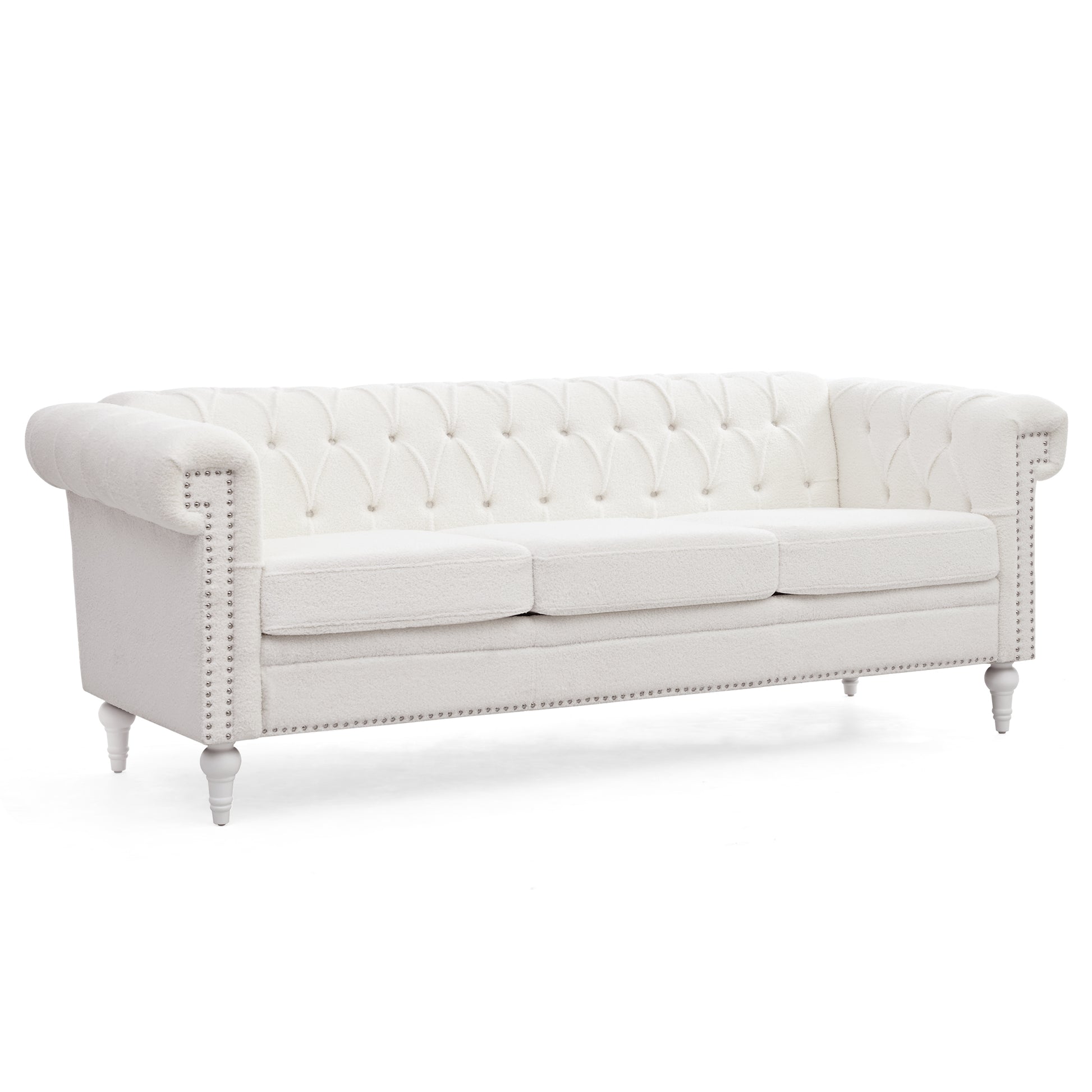 83.66 Inch Width Traditional Square Arm Removable Cushion 3 Seater Sofa White Foam Fabric