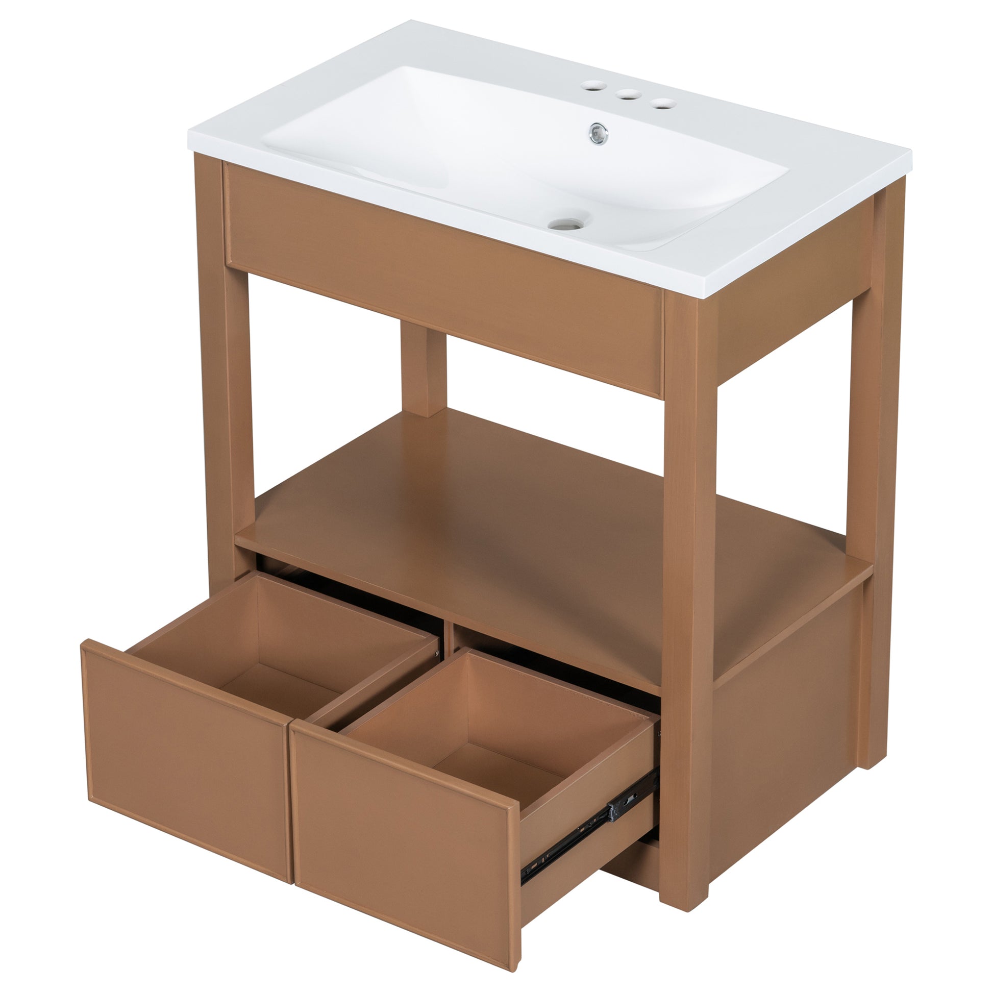 30" Bathroom Vanity With Sink Top, Bathroom Cabinet With Open Storage Shelf And Two Drawers, Brown Brown Solid Wood Mdf