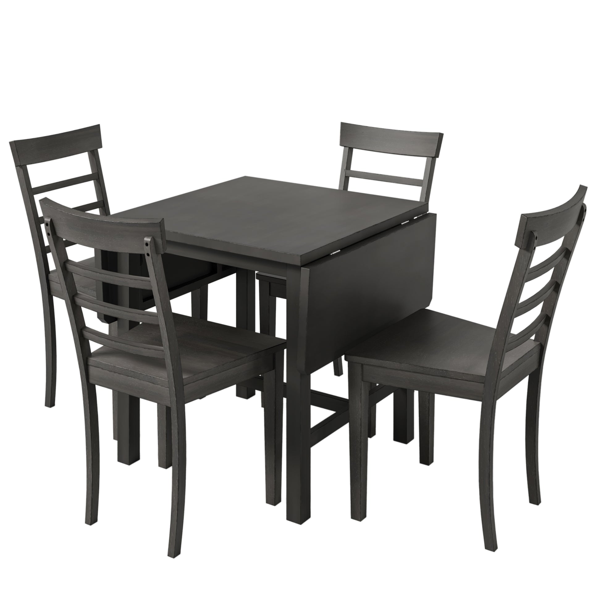 5 Piece Wood Square Drop Leaf Breakfast Nook Extendable Dining Table Set With 4 Ladder Back Chairs For Small Places, Gray Gray Wood Dining Room Folding Rubberwood Rectangular Dining Table With Chair Wood Gray Ladder Back Seats 4 Drop Leaf Modern 4 Leg