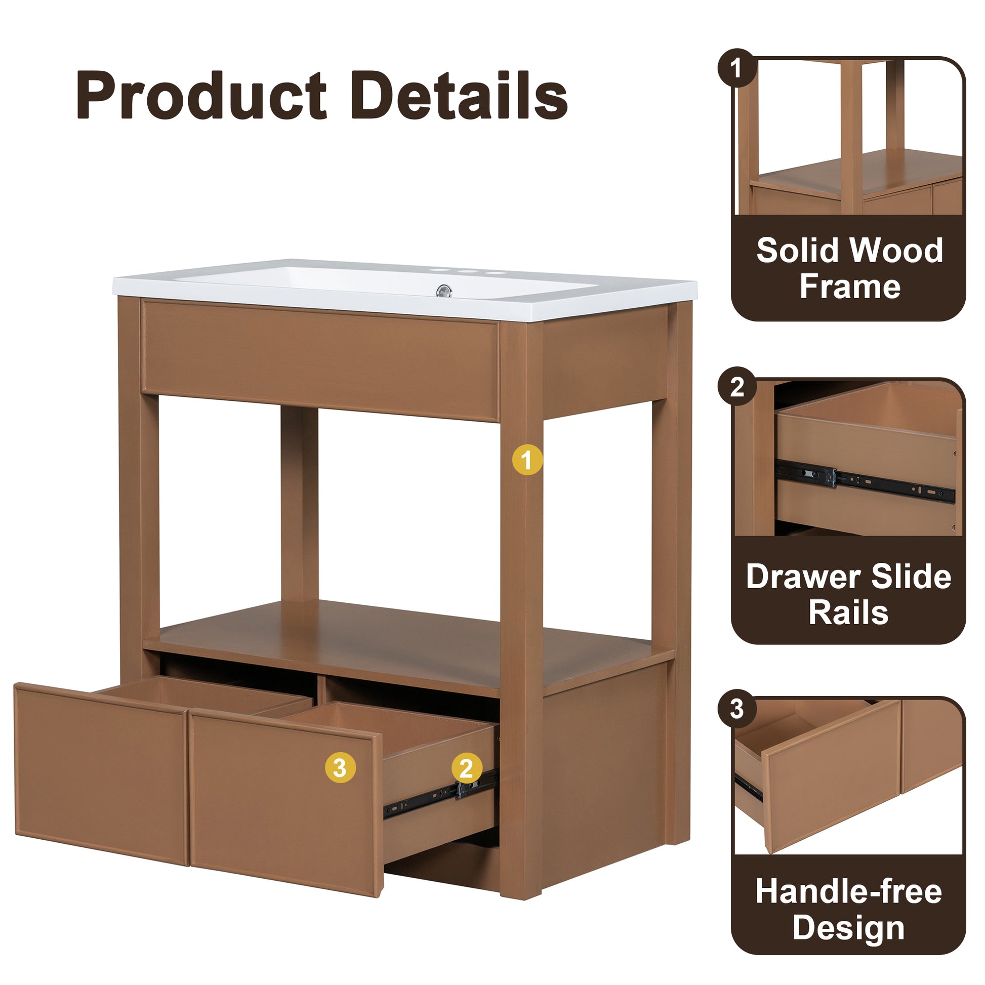 30" Bathroom Vanity Without Sink Top, Cabinet Base Only, Open Storage Shelf And Two Drawers, Brown Brown Solid Wood Mdf