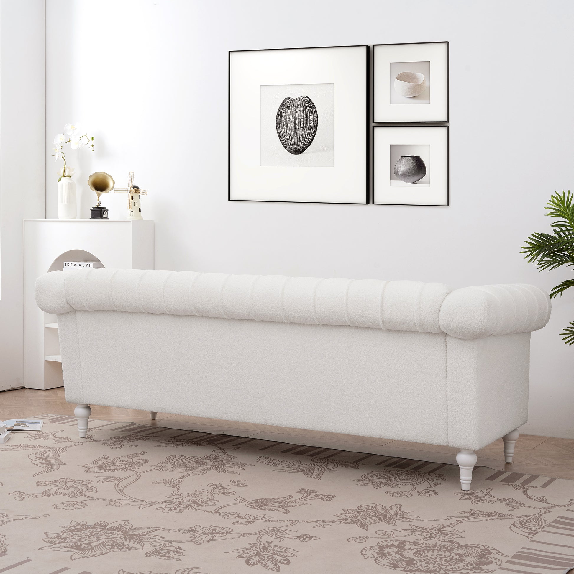 83.66 Inch Width Traditional Square Arm Removable Cushion 3 Seater Sofa White Foam Fabric