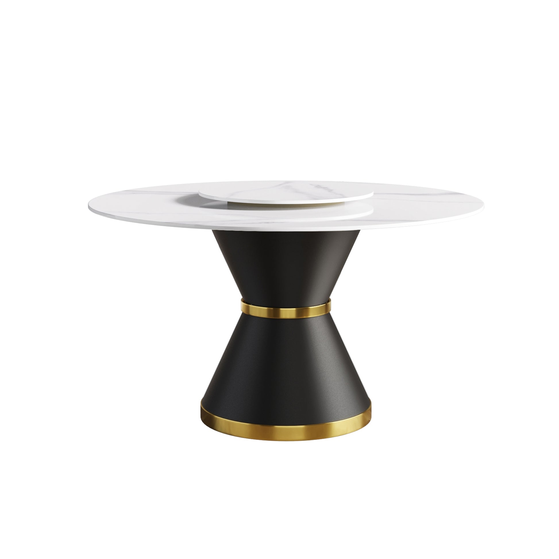 53"Modern Artificial Stone Round Black Carbon Steel Base Dining Table Can Accommodate 6 People 23.62"White Artificial Stone Turntable White Black Metal Sintered Stone