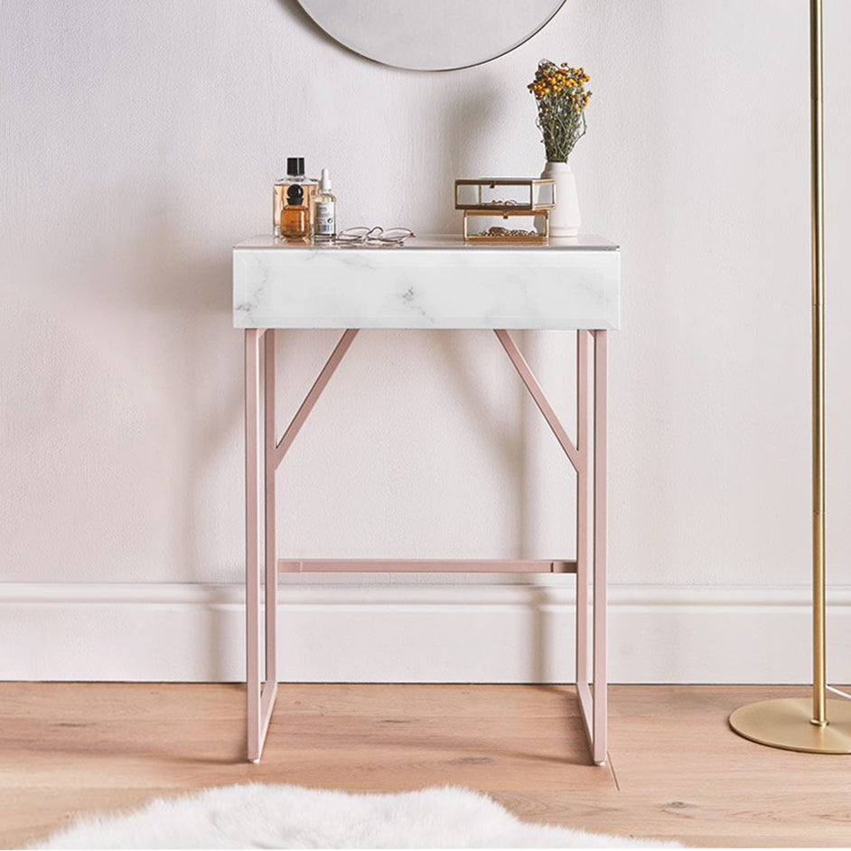 Tempered Glass Marble Pattern Small Makeup Table Dressing Table Nightstands Bedroom Livingroom Furniture Pink White Wood Glass