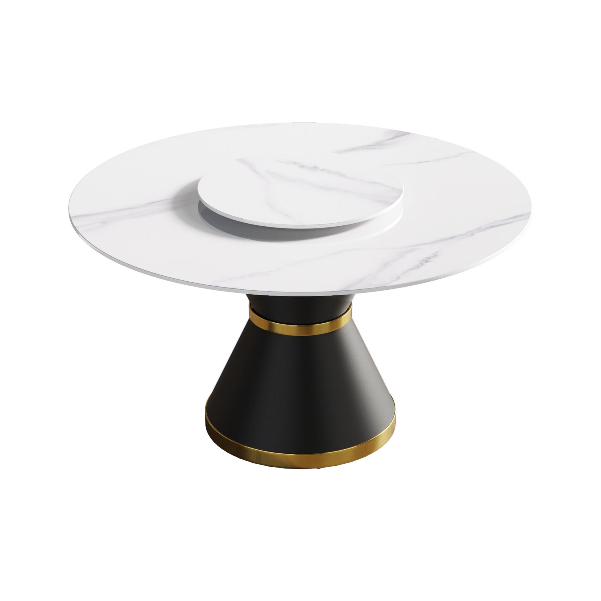 53"Modern Artificial Stone Round Black Carbon Steel Base Dining Table Can Accommodate 6 People 23.62"White Artificial Stone Turntable White Black Metal Sintered Stone