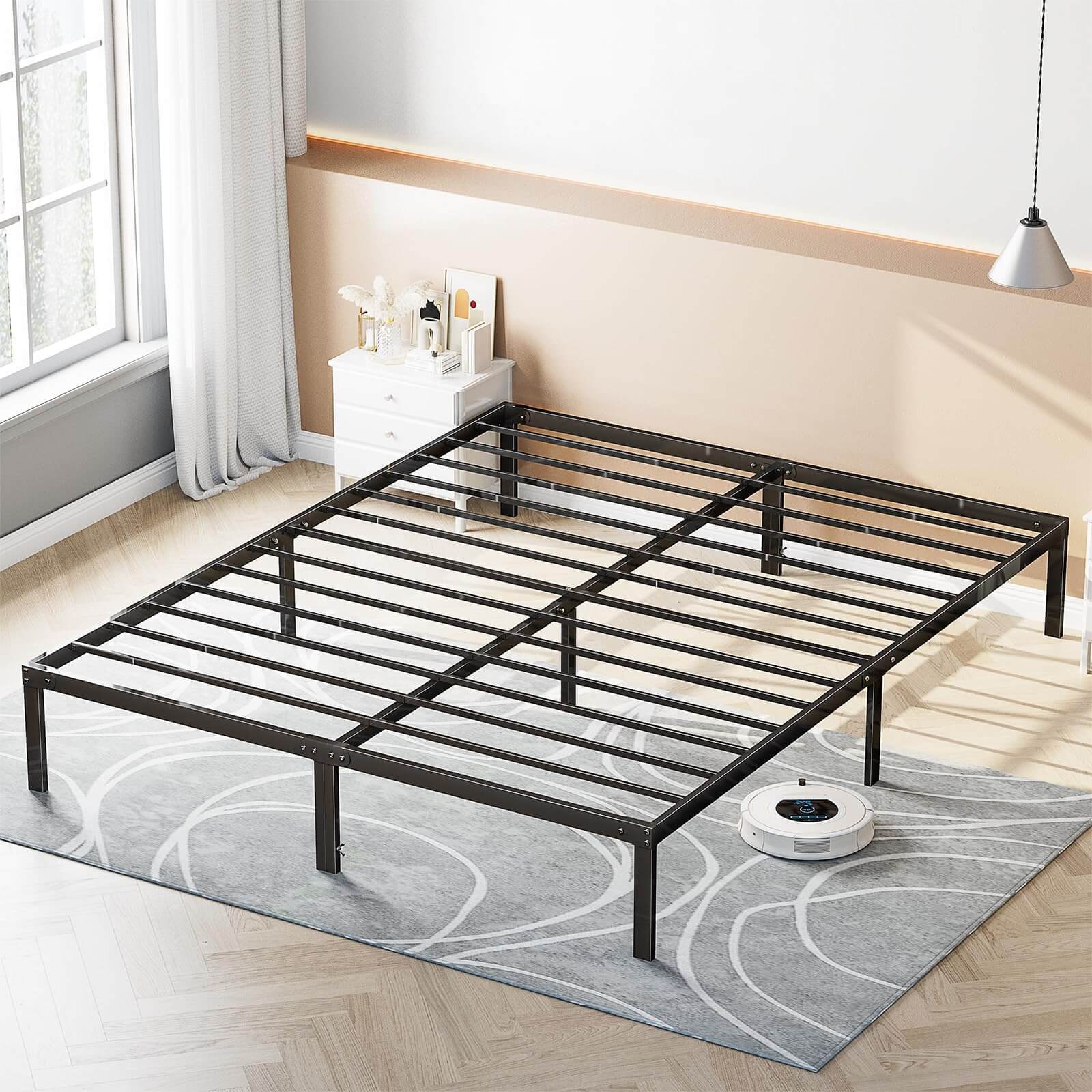 Heavy Duty Metal Bed Frame With Sturdy Steel Slat Support,Queen Black Iron