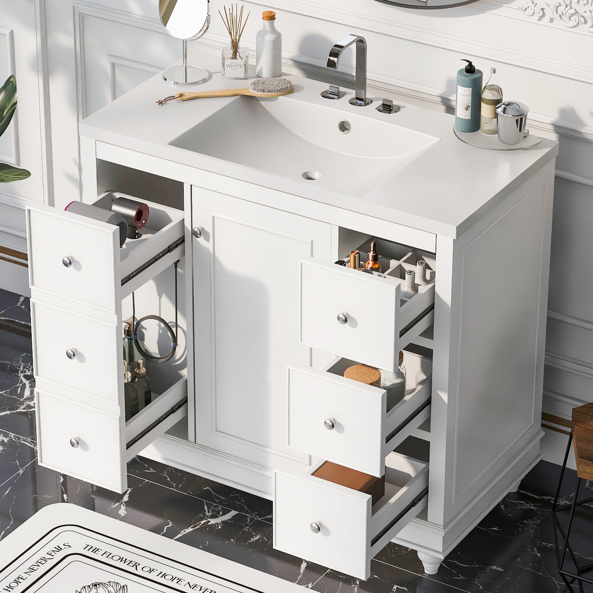 Contemporary White Bathroom Vanity Cabinet 36X18X34 Inches, 4 Drawers & 1 Cabinet Door, Multipurpose Storage, Resin Integrated Sink, Adjustable Shelves, Solid Wood Frame With Mdf White Modern Solid Wood Mdf Resin