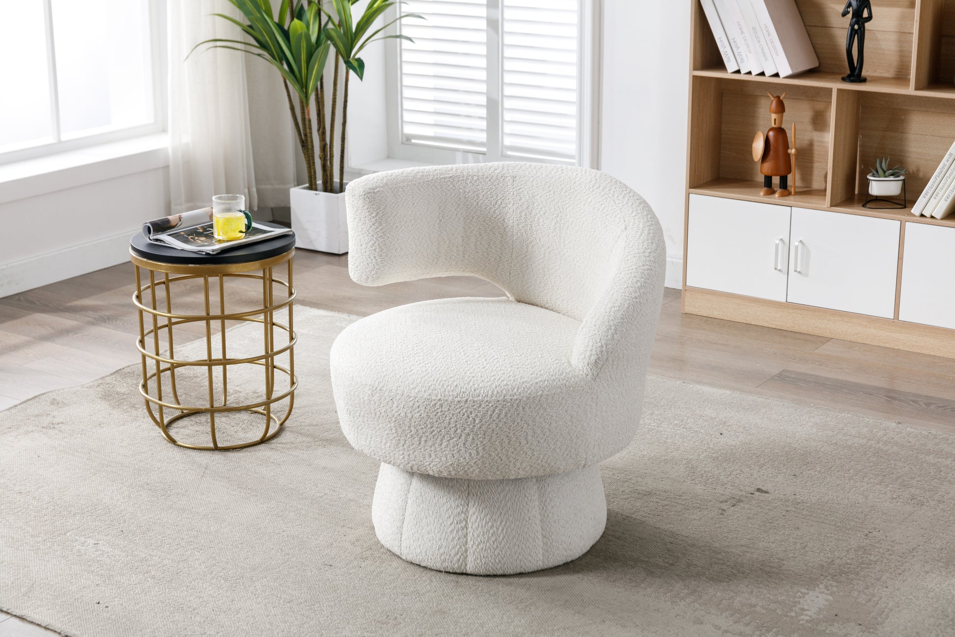 360 Degree Swivel Cuddle Barrel Accent Chairs, Round Armchairs With Wide Upholstered, Fluffy Fabric Chair For Living Room, Bedroom, Office, Waiting Rooms Beige Foam Boucle