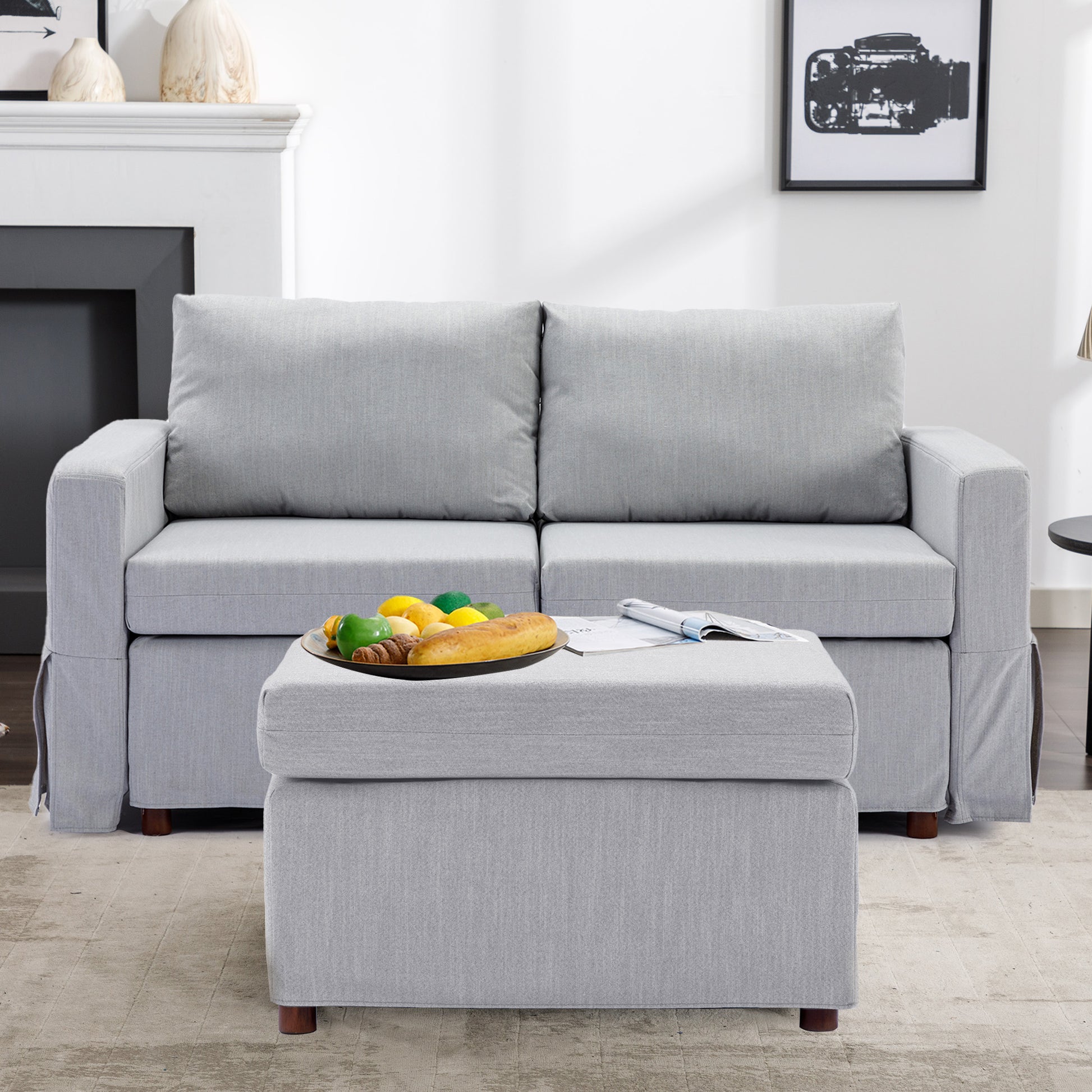 2 Seat Module Sectional Sofa Couch With 1 Ottoman,Seat Cushion And Back Cushion Removable And Washable,Light Grey Light Grey Wood Primary Living Space Soft Modern Rubberwood Foam Linen 2 Seat
