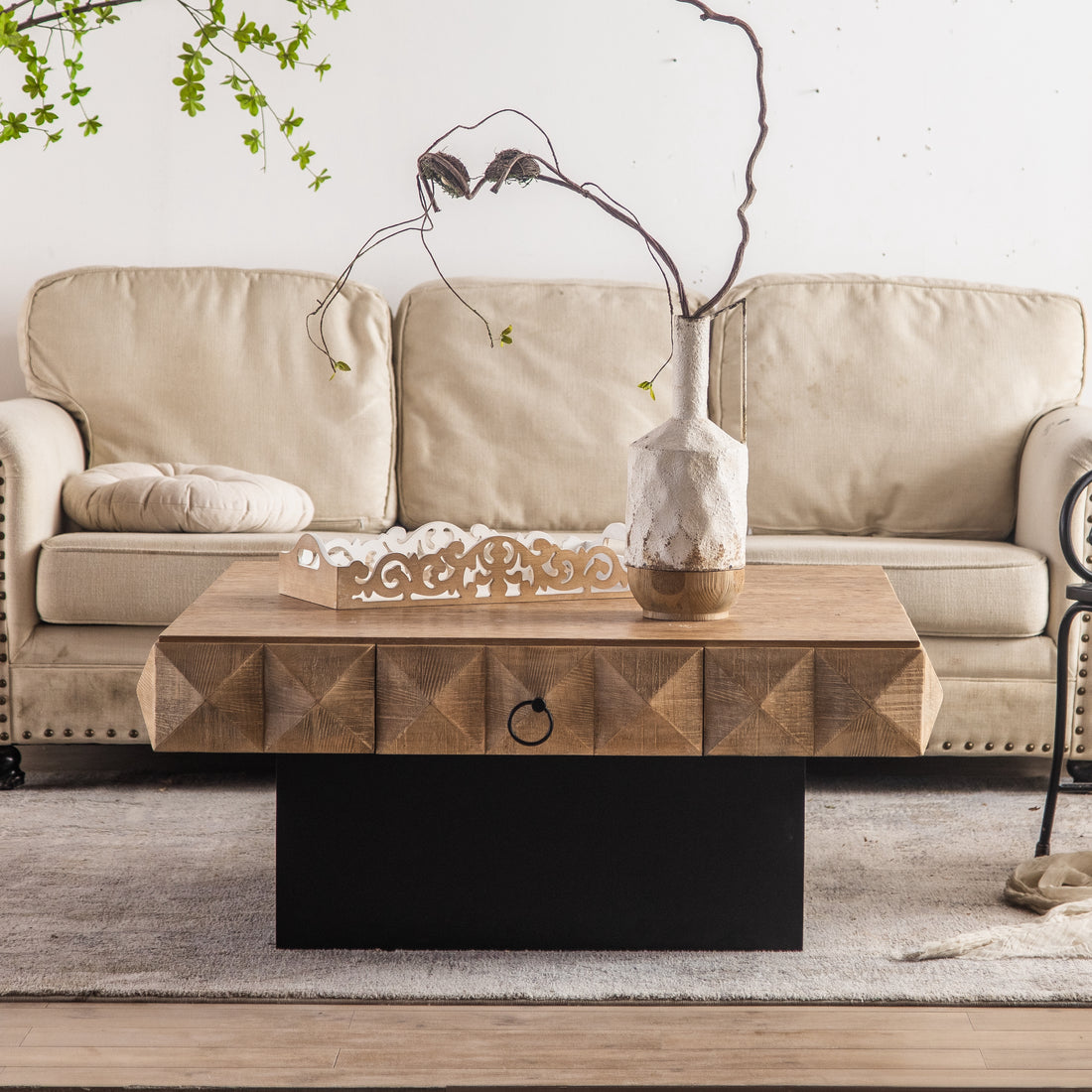 41.73"Three Dimensional Embossed Pattern Square Retro Coffee Table With 2 Drawers And Mdf Base Natural Solid Wood Mdf