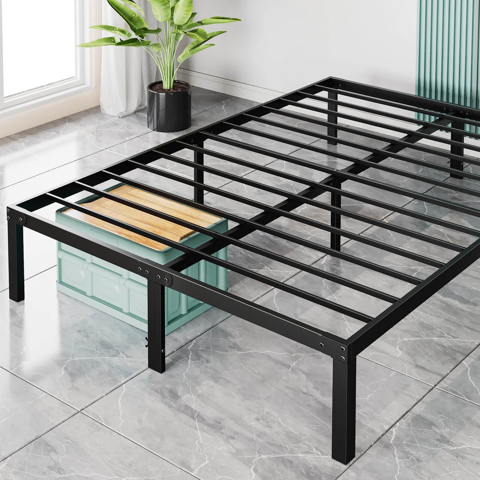 Heavy Duty Metal Bed Frame With Sturdy Steel Slat Support,Queen Black Iron