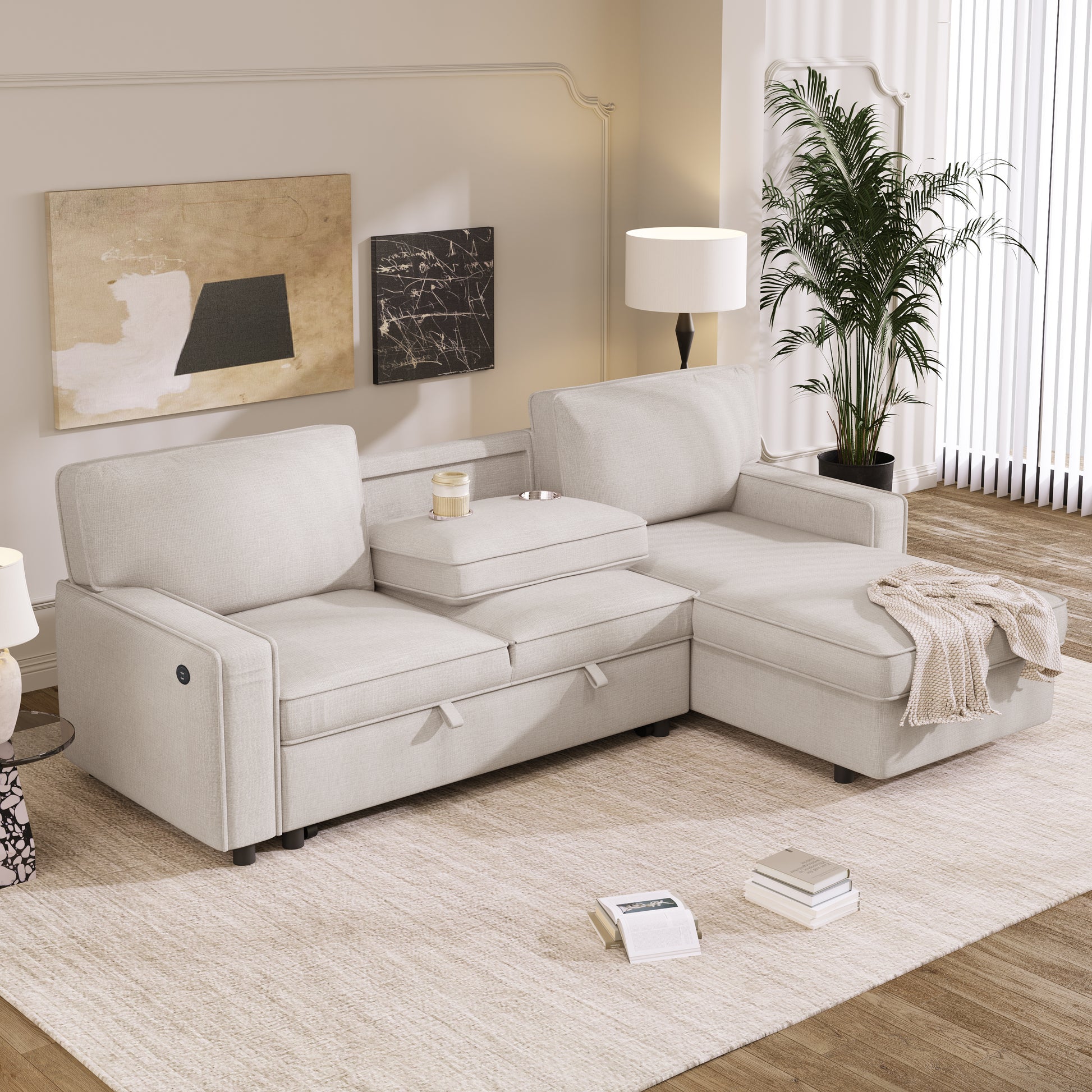 Upholstery Sleeper Sectional Sofa With Storage Space, Usb Port, 2 Cup Holders On Back Cushions Same Sku Wy000335Aaa Beige Wood Square Arms Polyester 3 Seat