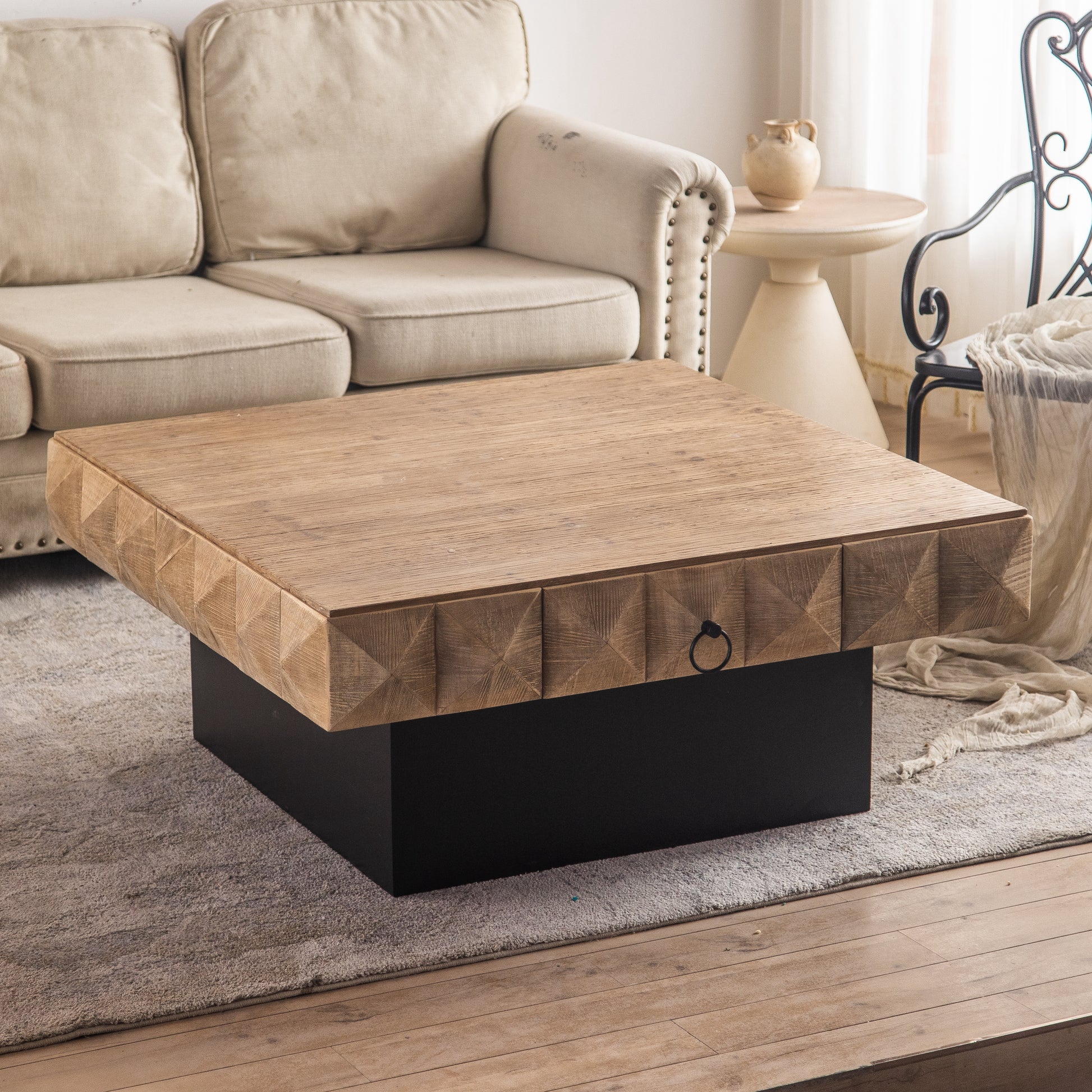 41.73"Three Dimensional Embossed Pattern Square Retro Coffee Table With 2 Drawers And Mdf Base Natural Solid Wood Mdf