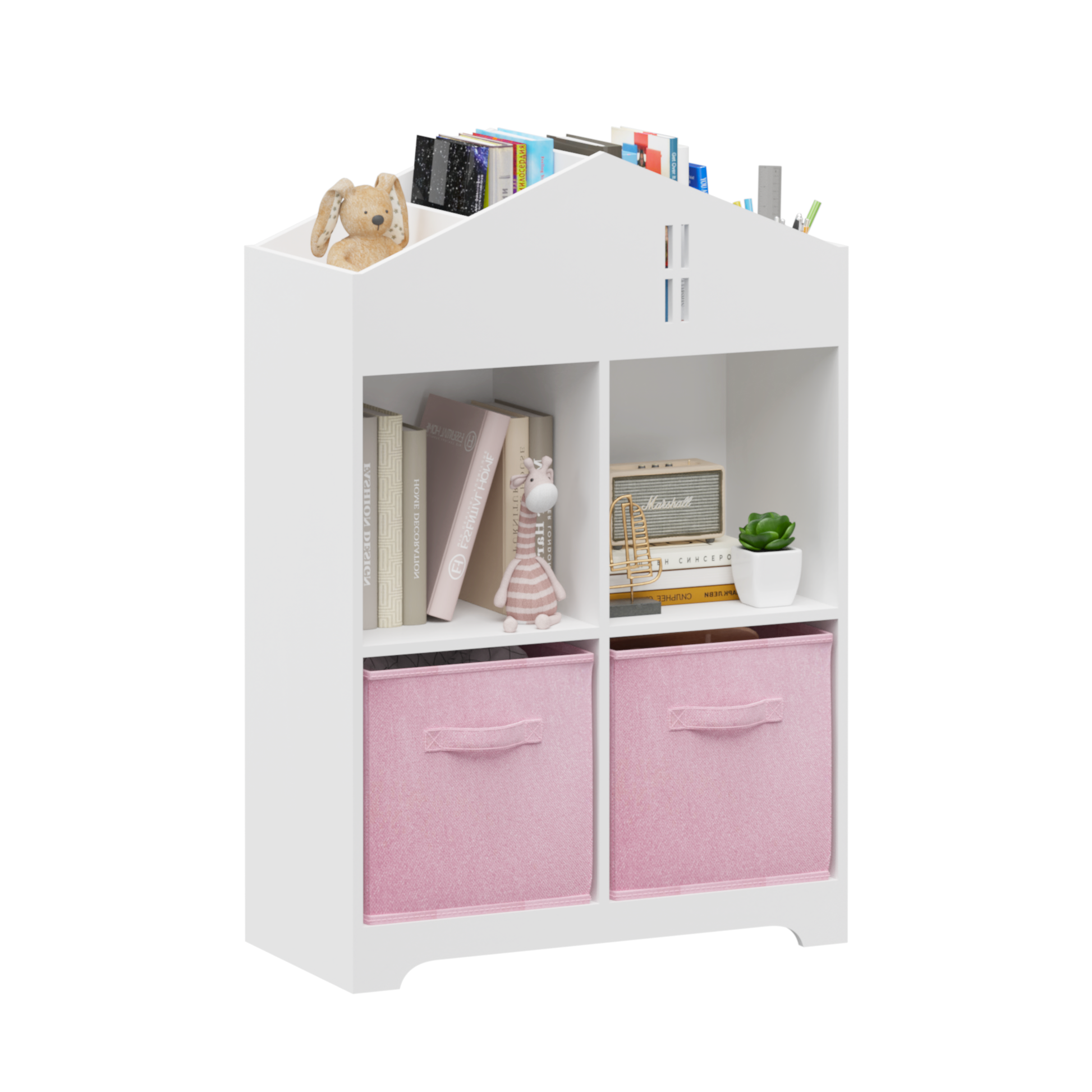 Kids Dollhouse Bookcase With Storage, 2 Tier Storage Display Organizer, Toddler Bookshelf With 2 Collapsible Fabric Drawers For Bedroom Or Playroom White Pink White Pink Mdf