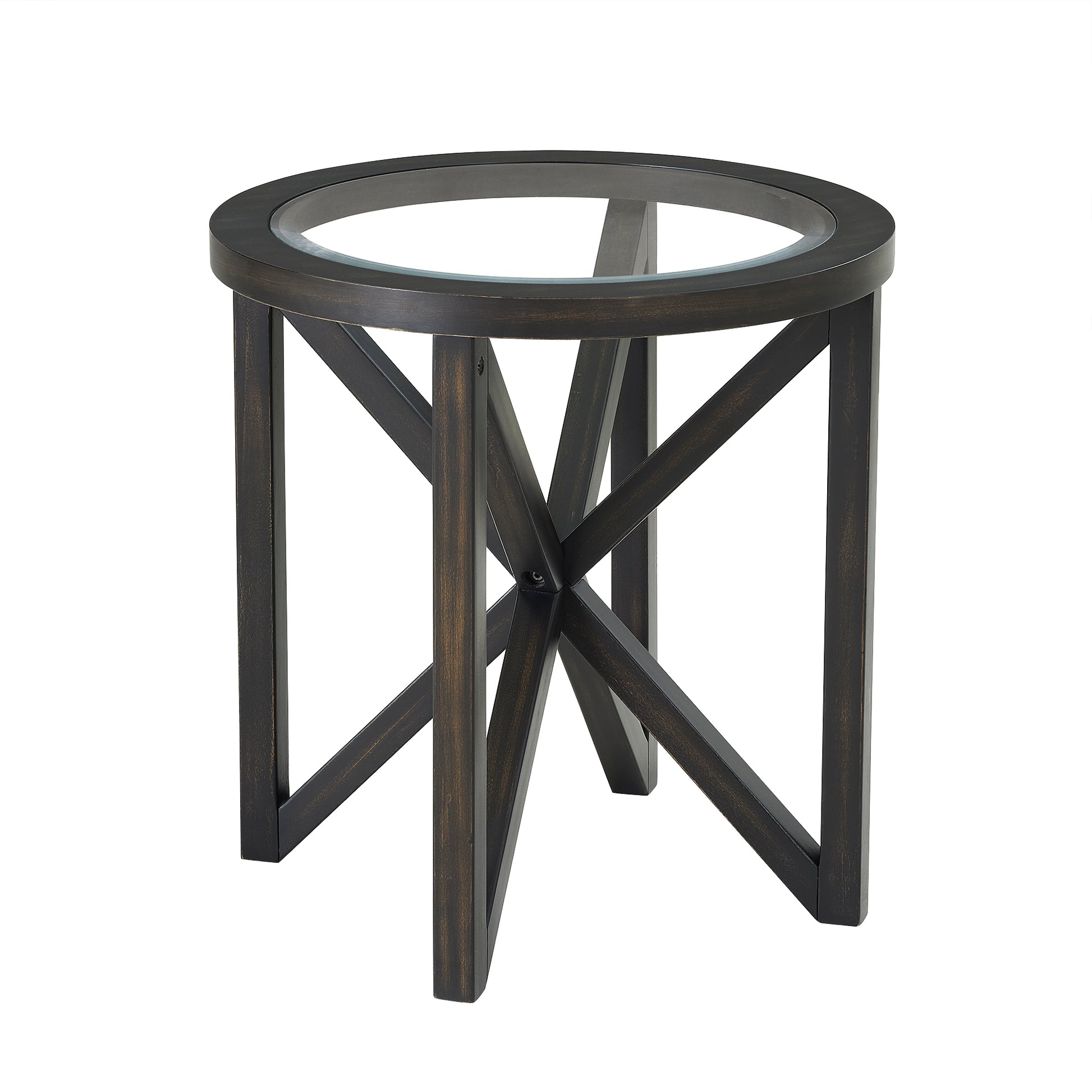 Modern Simple Glass Coffee Table, Tempered Glass Coffee Table Solid Wood Base Round Transparent Glass Top Modern Living Room Terrace Study Coffee Table Black Wood Glass