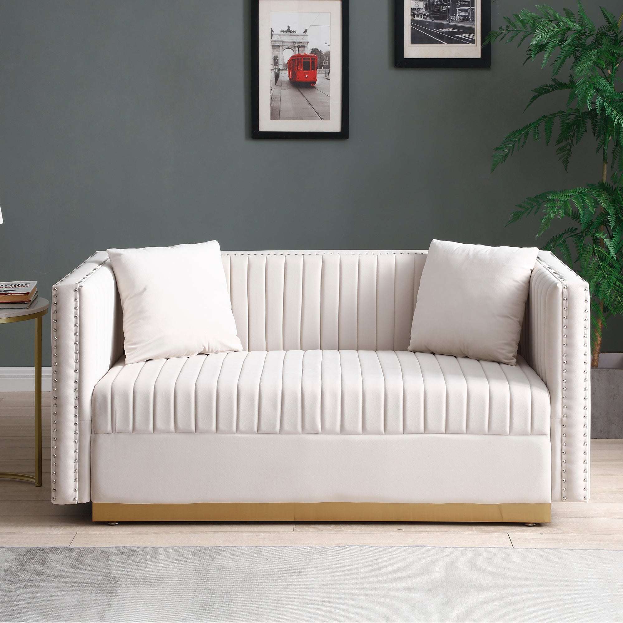 Contemporary Vertical Channel Tufted Velvet Sofa beige-foam-velvet