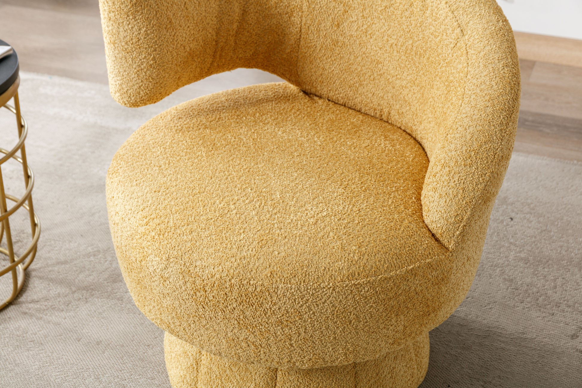 360 Degree Swivel Cuddle Barrel Accent Chairs, Round Armchairs With Wide Upholstered, Fluffy Fabric Chair For Living Room, Bedroom, Office, Waiting Rooms Yellow Foam Boucle