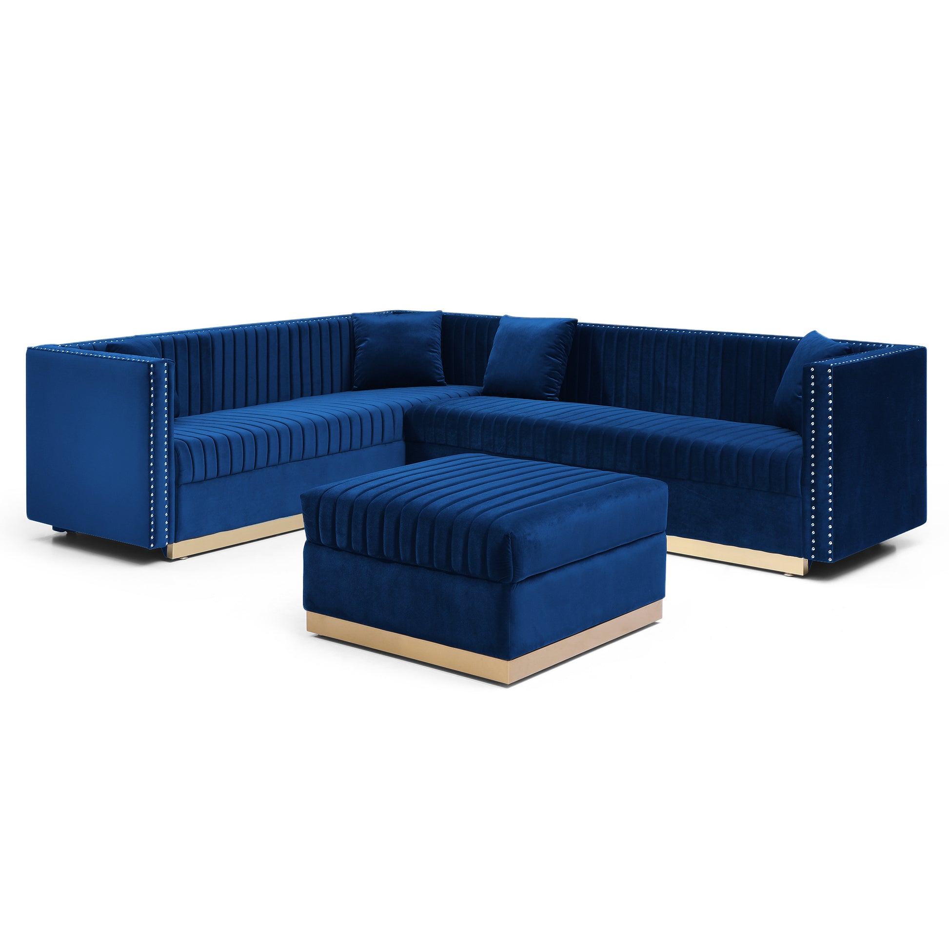 Contemporary Vertical Channel Tufted Velvet Sectional Sofa Modern Upholstered Corner Couch For Living Room Apartment With Ottoman And 4 Pillows,Blue Blue Velvet