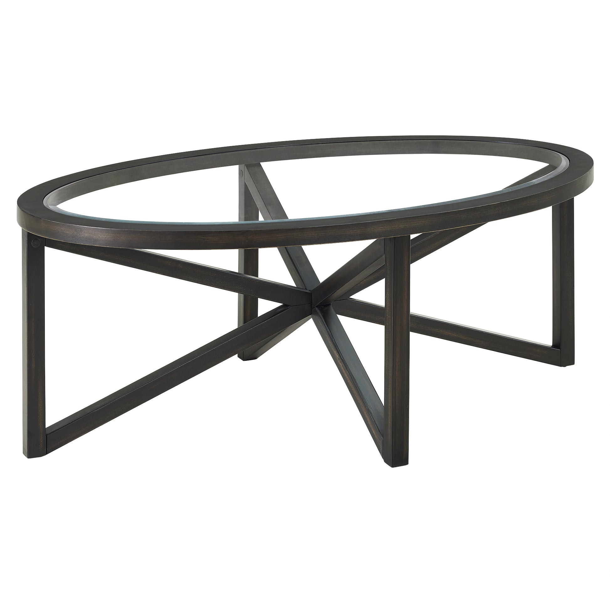 Modern Simple Glass Coffee Table, Tempered Glass Coffee Table Solid Wood Base Round Transparent Glass Top Modern Living Room Terrace Study Coffee Table Black Wood Glass