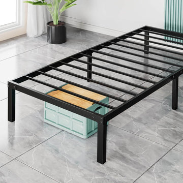 Heavy Duty Metal Bed Frame With Sturdy Steel Slat Support, Twin Black Iron