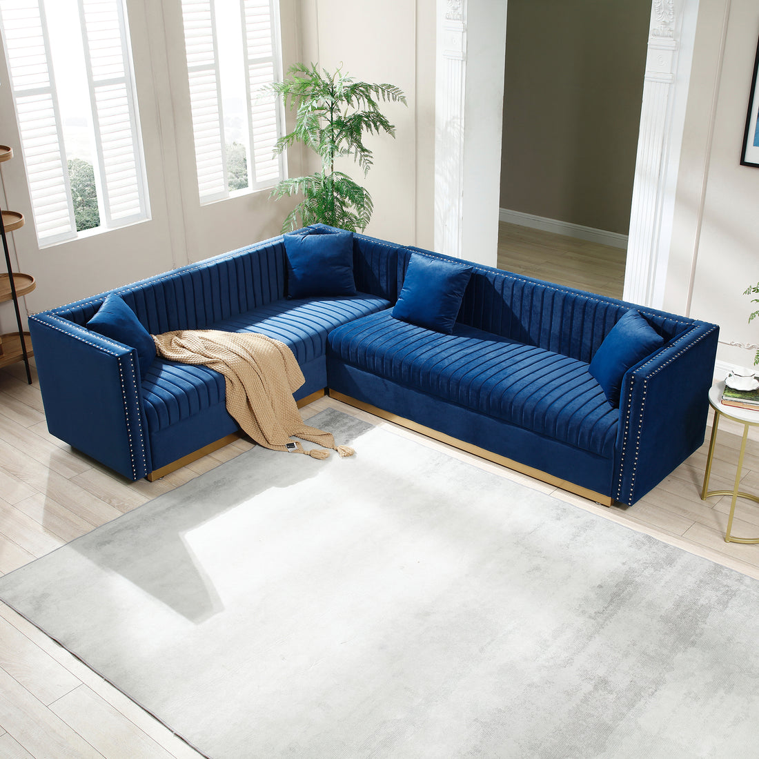 Contemporary Vertical Channel Tufted Velvet Sectional Sofa Modern Upholstered Corner Couch For Living Room Apartment With 4 Pillows,Blue Blue Velvet